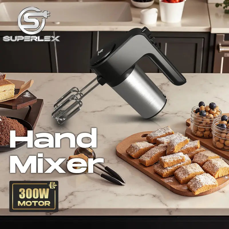 300W Hand Mixer with 5 Speeds, Turbo Mode & Stainless Steel Beaters