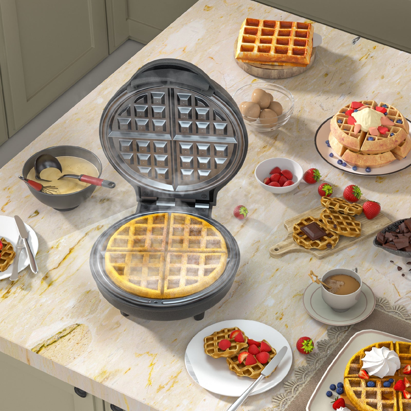 750W Belgium Waffle Maker – 4-Waffle Capacity with Auto Temperature Control