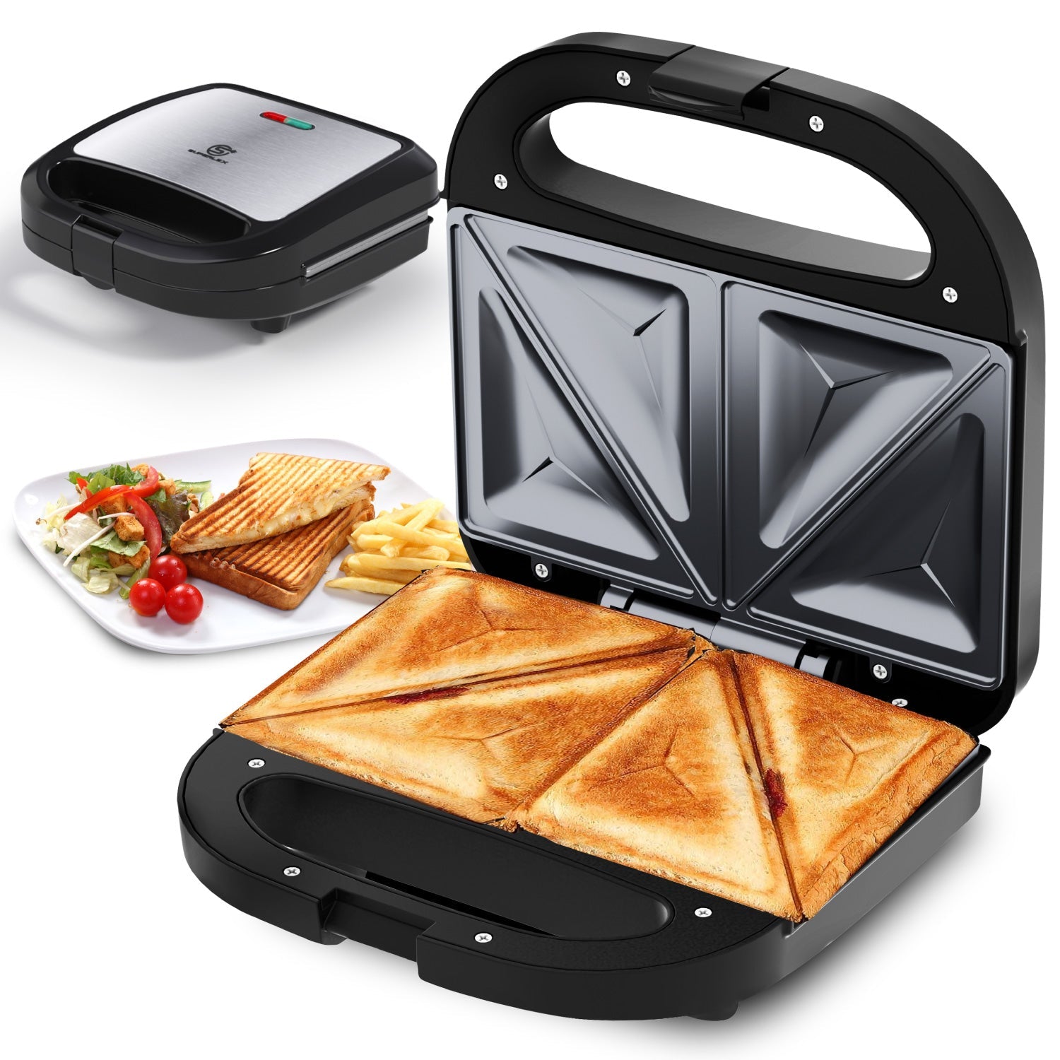 Stainless Steel Sandwich Maker 750W with Dual-Slice Non-Stick Plates