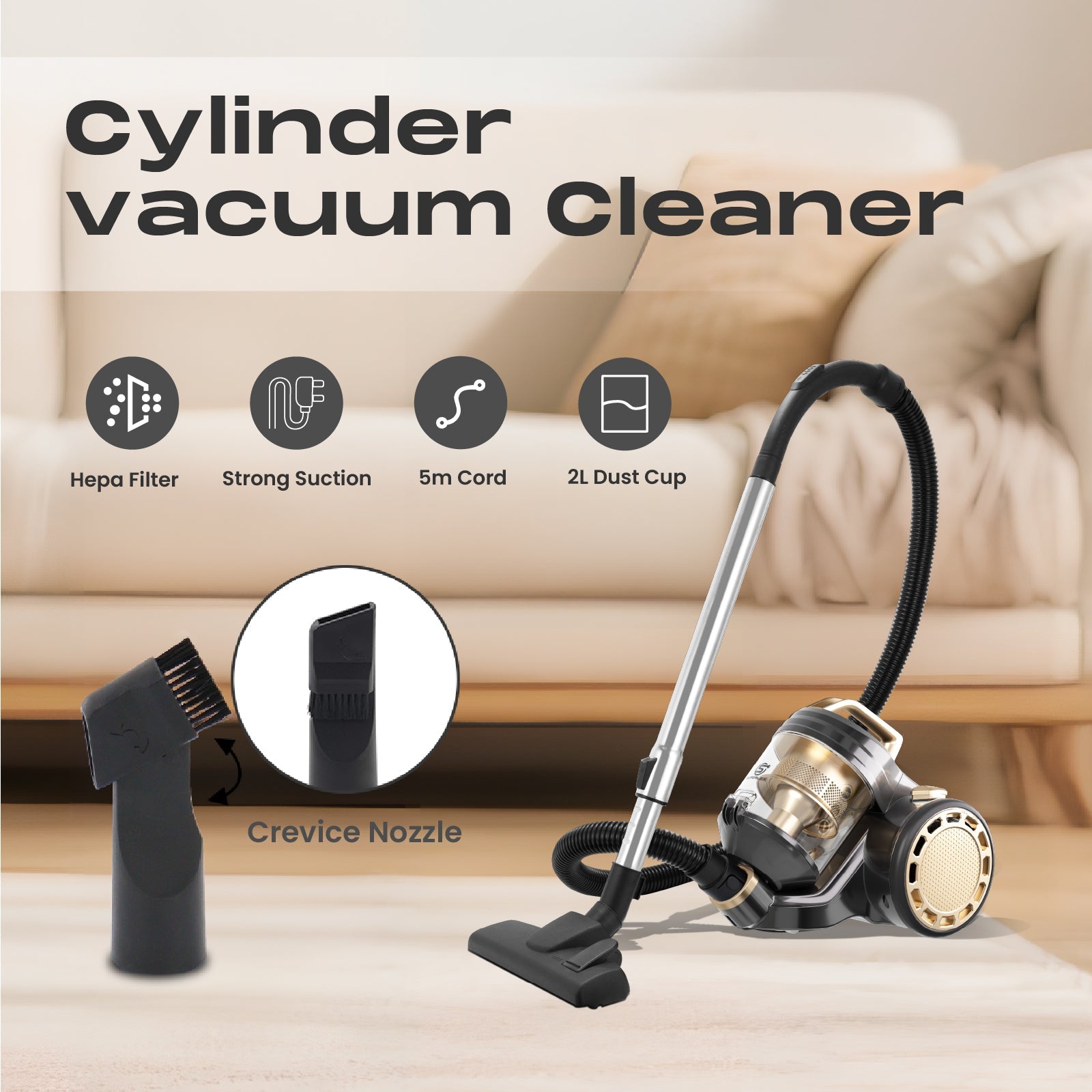 Cylinder Vacuum Cleaner 700W – 5M Cord, 1.5M Hose, Floor Brush & 2-in-1 Crevice Tool