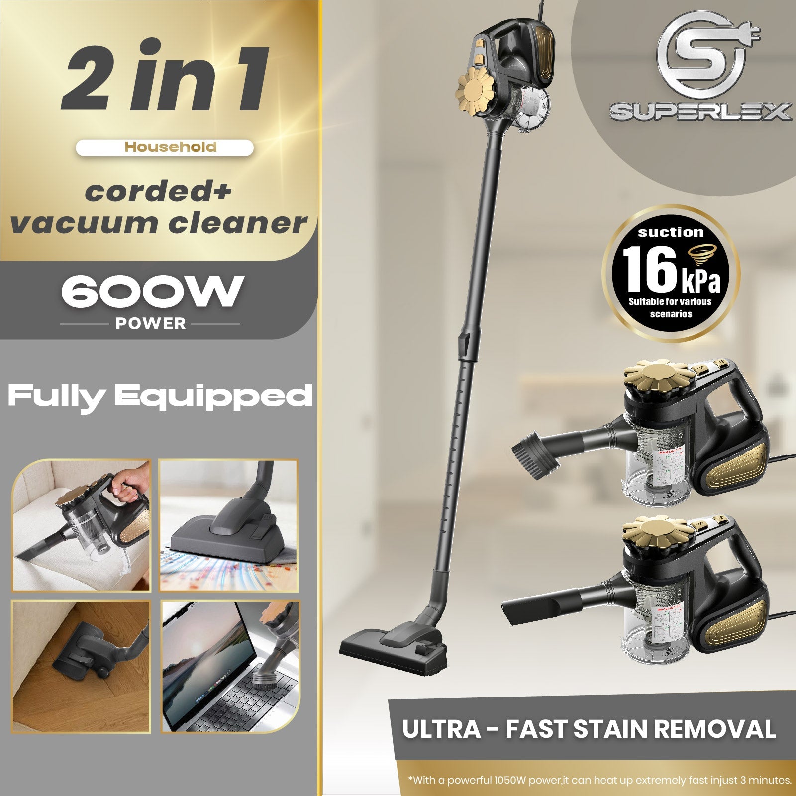 2-in-1 Corded Vacuum Cleaner – 600W Powerful Suction with Cyclone Filtration & Large Dust Bin
