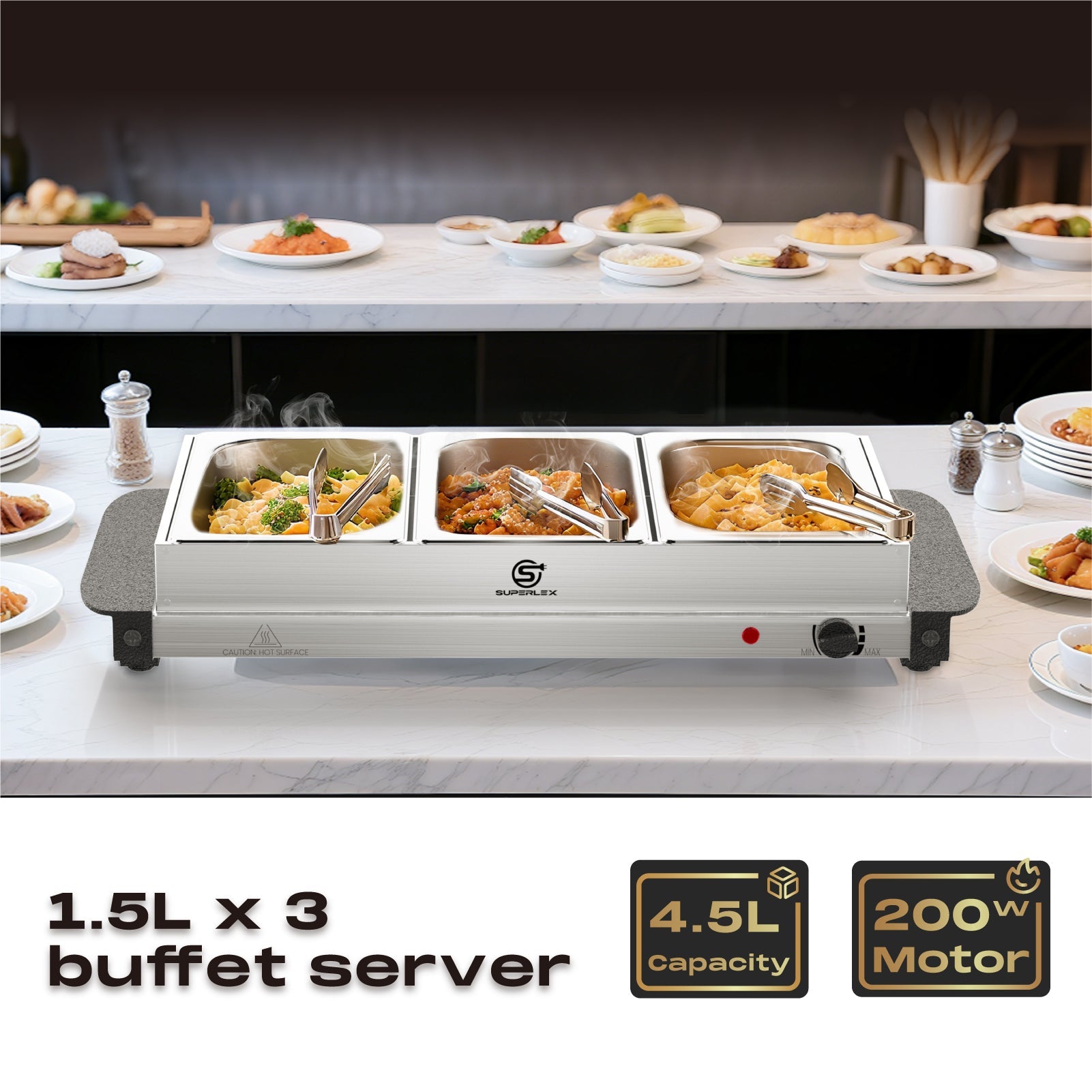 1.5L*3 Stainless Steel Buffet Server with Adjustable Heating & Durable Warming Trays
