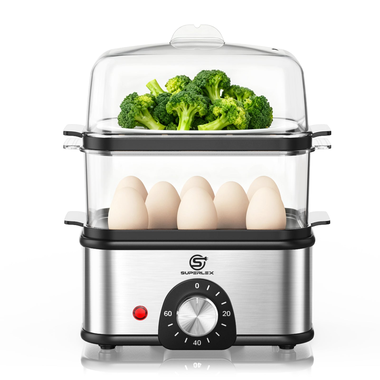 2-Layer Stainless Steel Egg Cooker for 16 Eggs with Adjustable Timer and Multifunctional Steamer