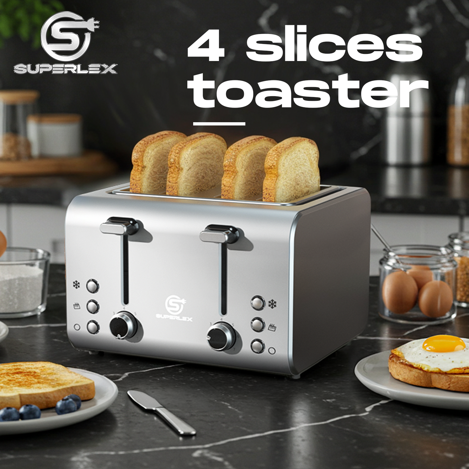 4-Slice Stainless Steel Toaster 1400-1600W with Digital Display & Multi-Function Settings
