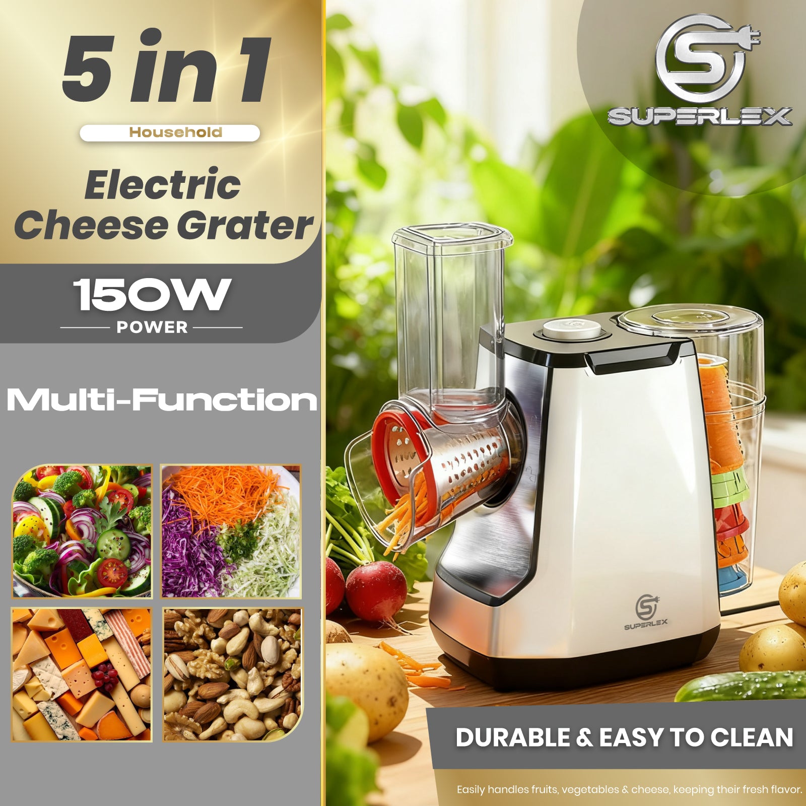 5-in-1 Electric Vegetable Slicer with 5 Interchangeable Blades for Fruits, Vegetables and Cheese