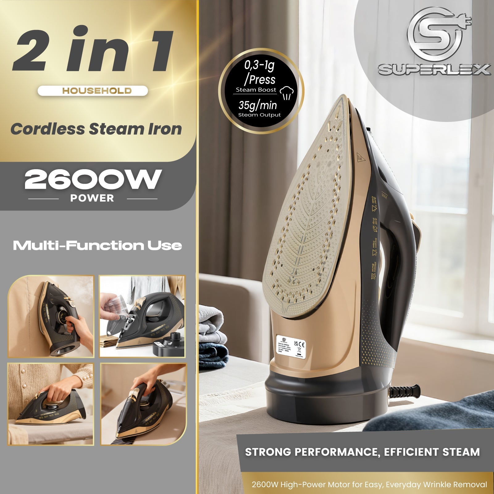 2400W 2-in-1 Cordless Steam Iron – Ceramic Soleplate & Skirt Spray