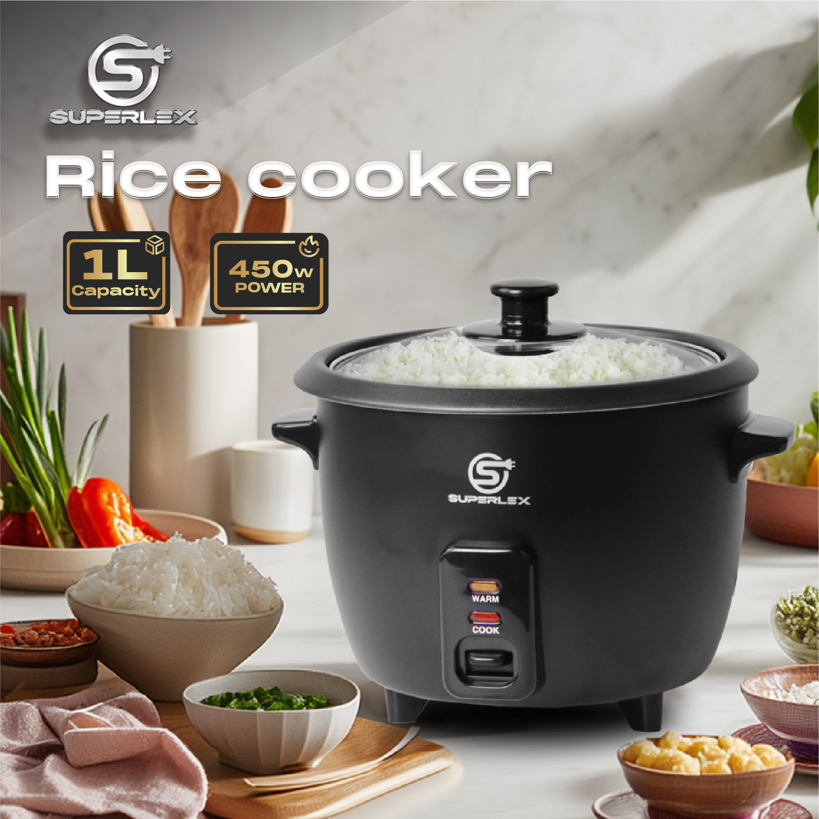 1L Multifunction Rice Cooker with Steamer, 450W Power & Keep Warm Function