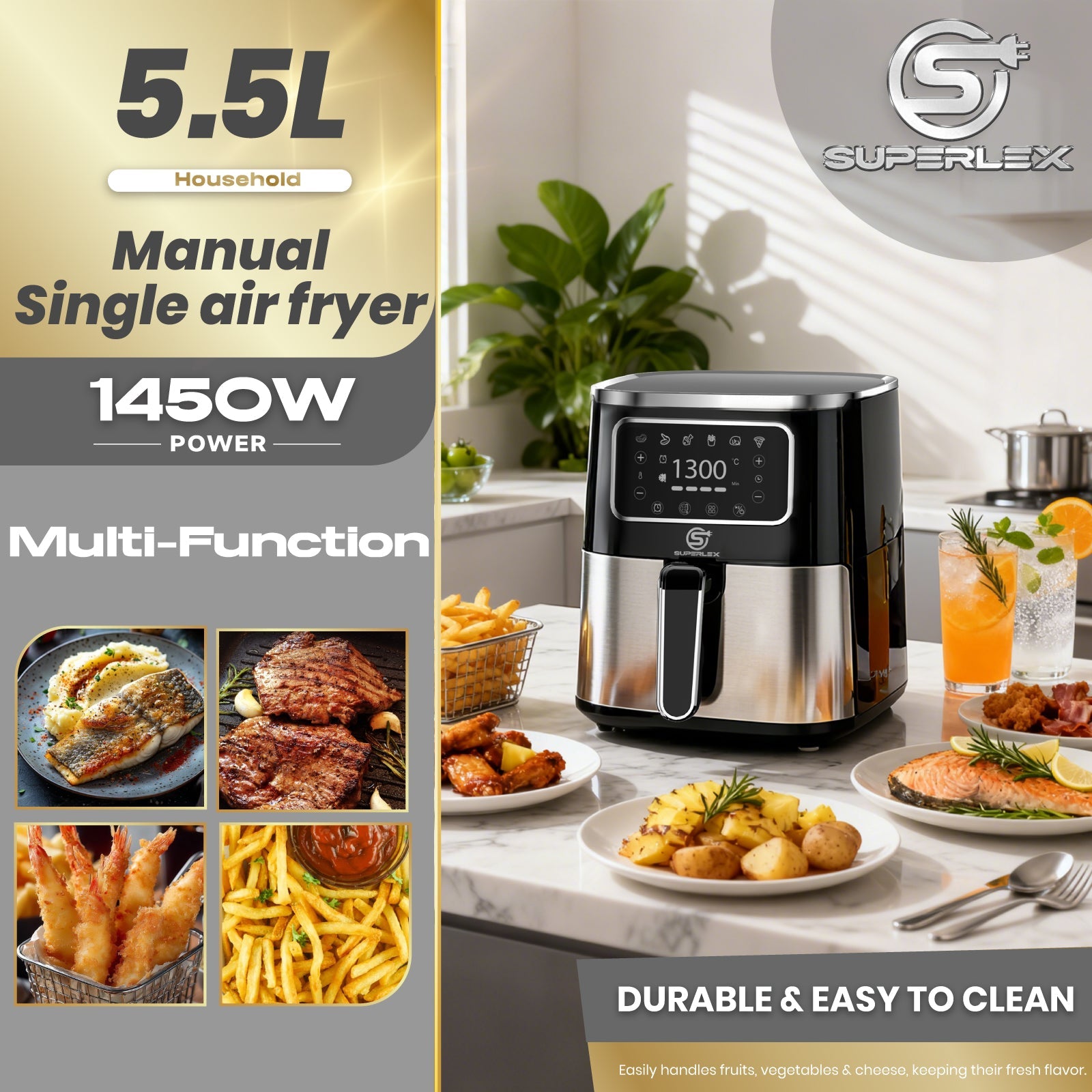 5.5L Digital Stainless Steel Air Fryer 1300W with Timer & Viewing Window