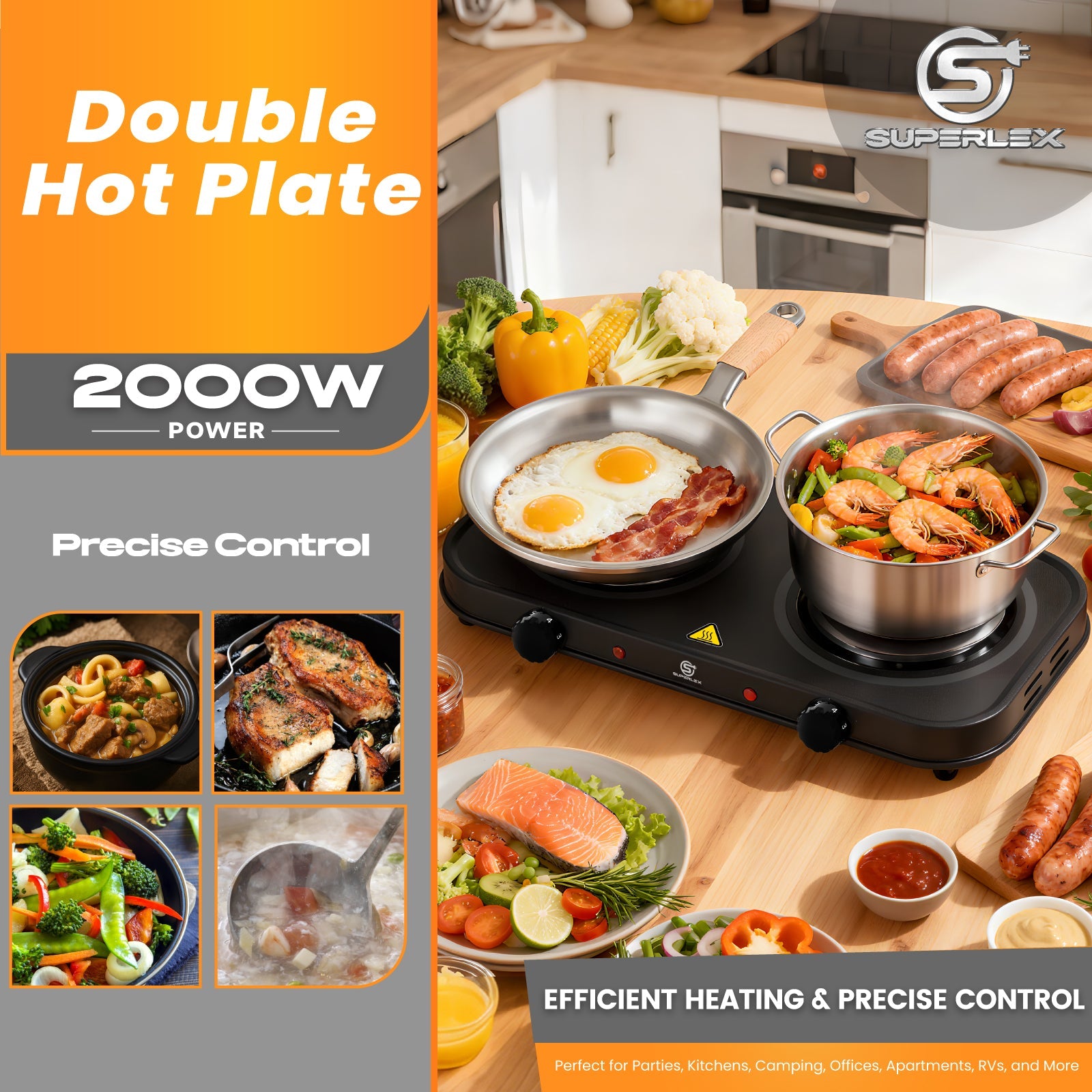 Double Hot Plate 2000W with Dual Cast Iron Hobs & Independent Temperature Control