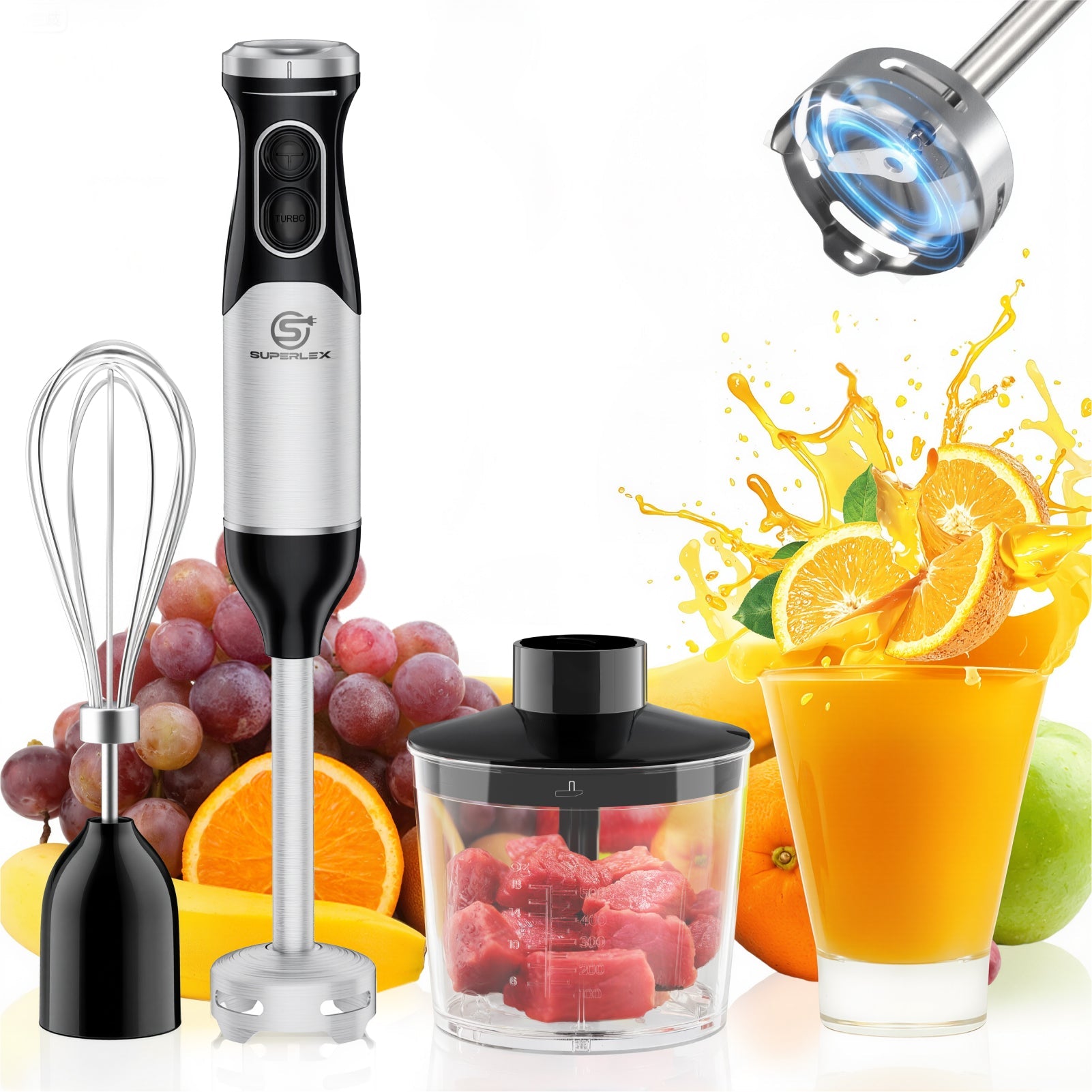 3-in-1 Hand Blender with 350W Motor & 304 Stainless Steel Blades