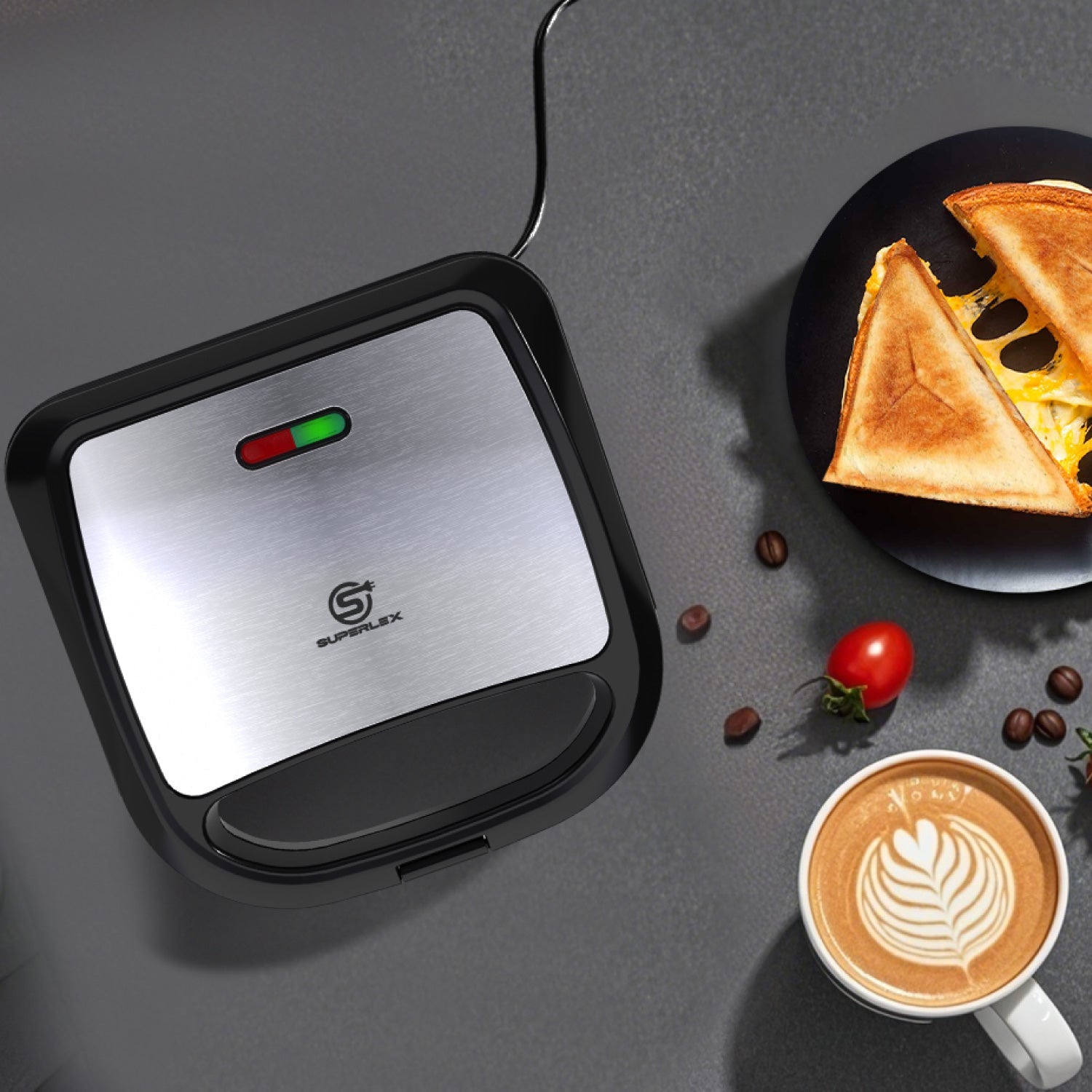 Stainless Steel Sandwich Maker 750W with Dual-Slice Non-Stick Plates