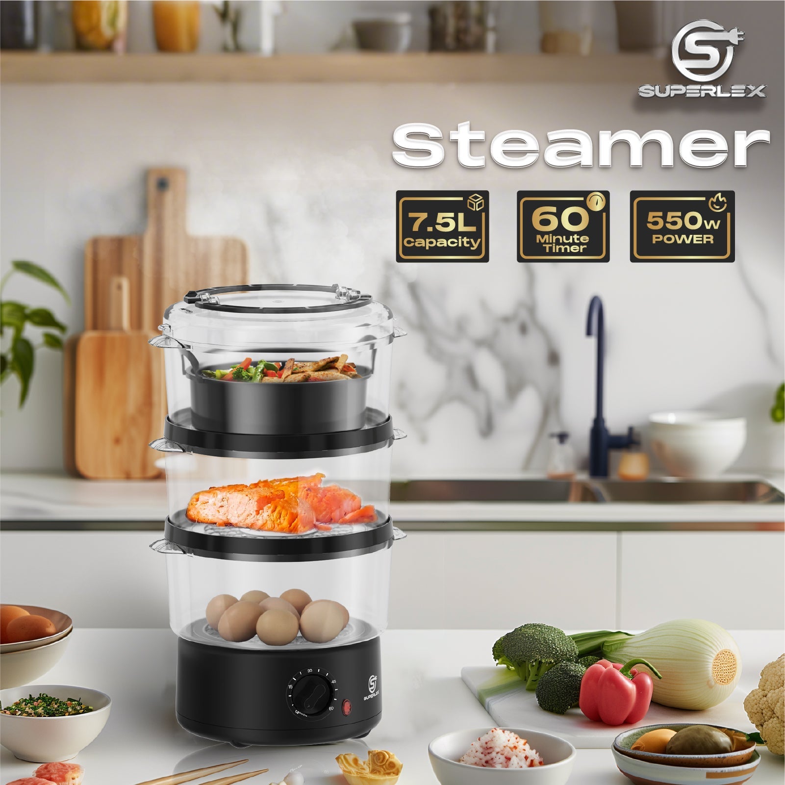 550W 3-Tier Food Steamer with 60-Min Timer & 2.5L Capacity per Layer