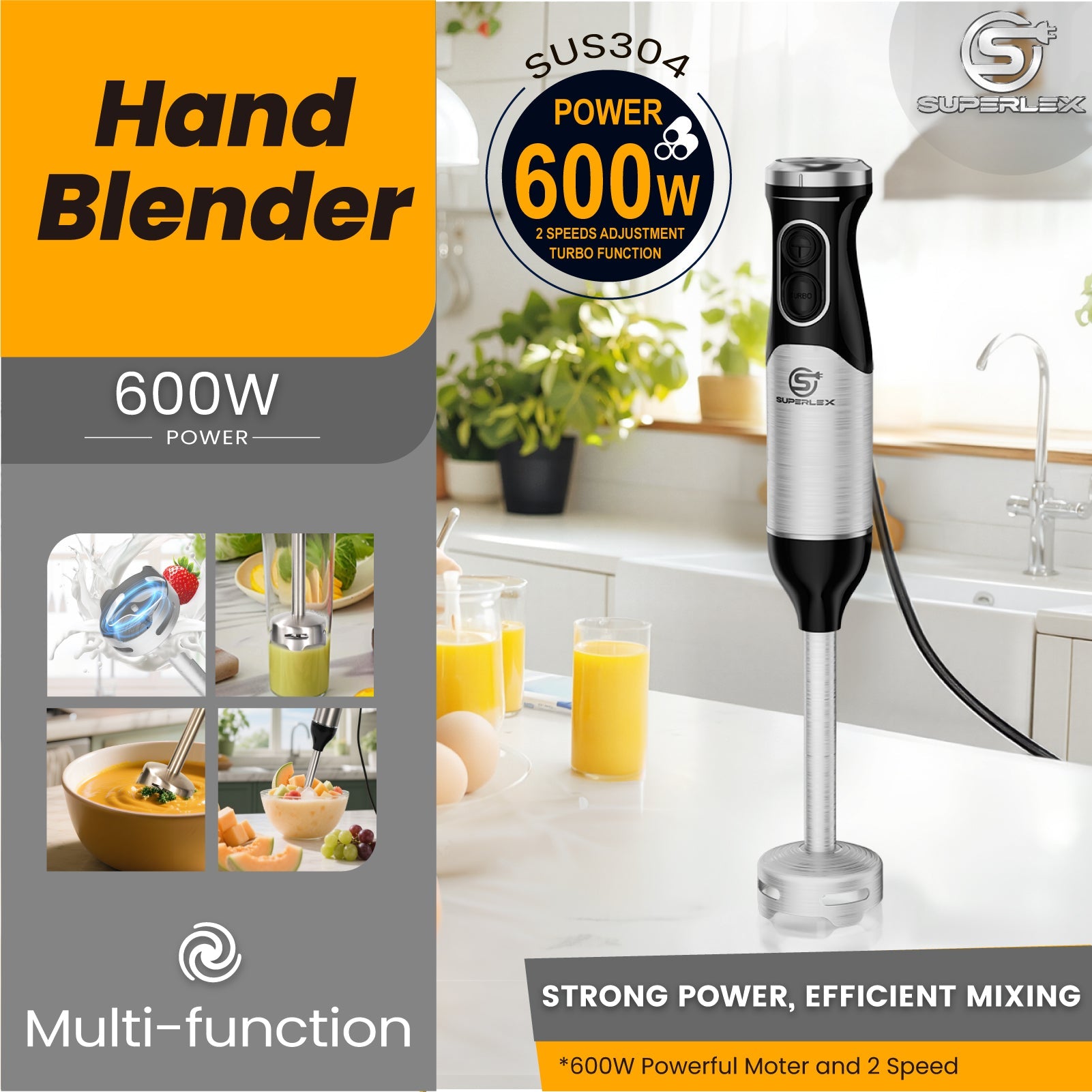 600W Stick Blender with Stainless Steel Blade & Adjustable Speeds
