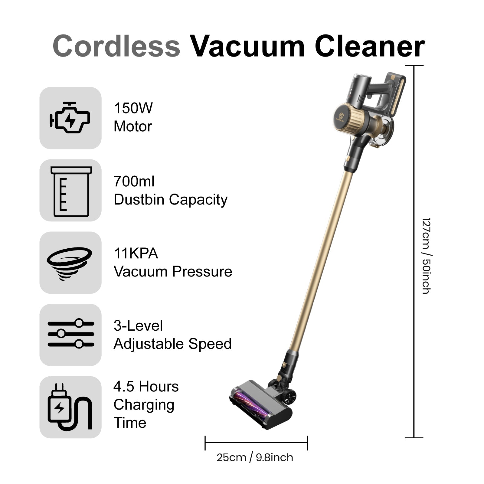 2-in-1 Cordless Vacuum Cleaner – 150W Powerful Suction with 700ml Dust Tank & Adjustable Runtime