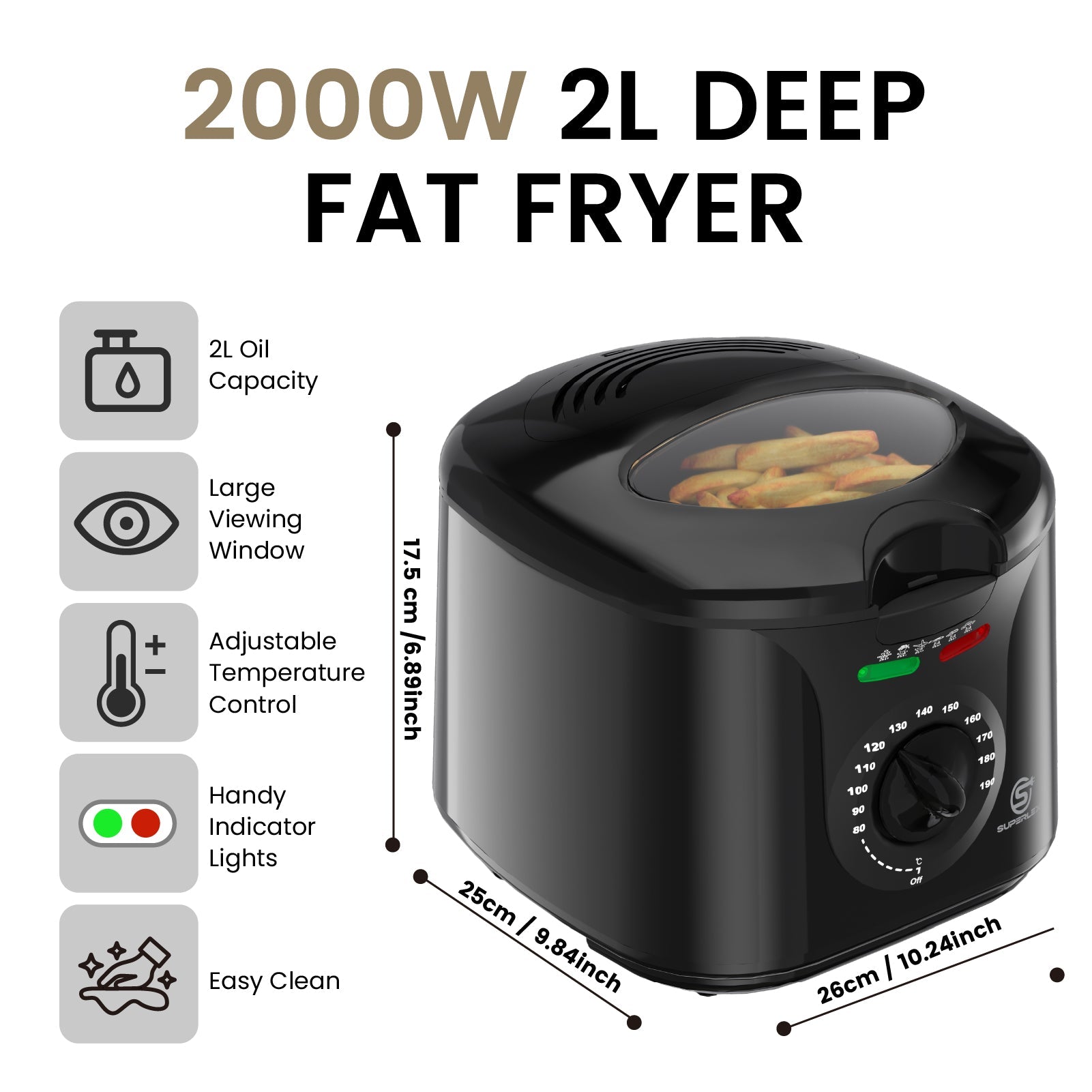 2000W 2L Deep Fat Fryer with Adjustable Temperature & High-Heat Safety