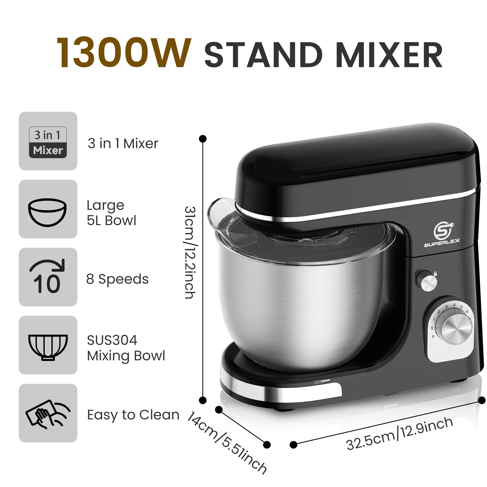 5L Stand Mixer with 1300W Motor & Multi-Function Attachments