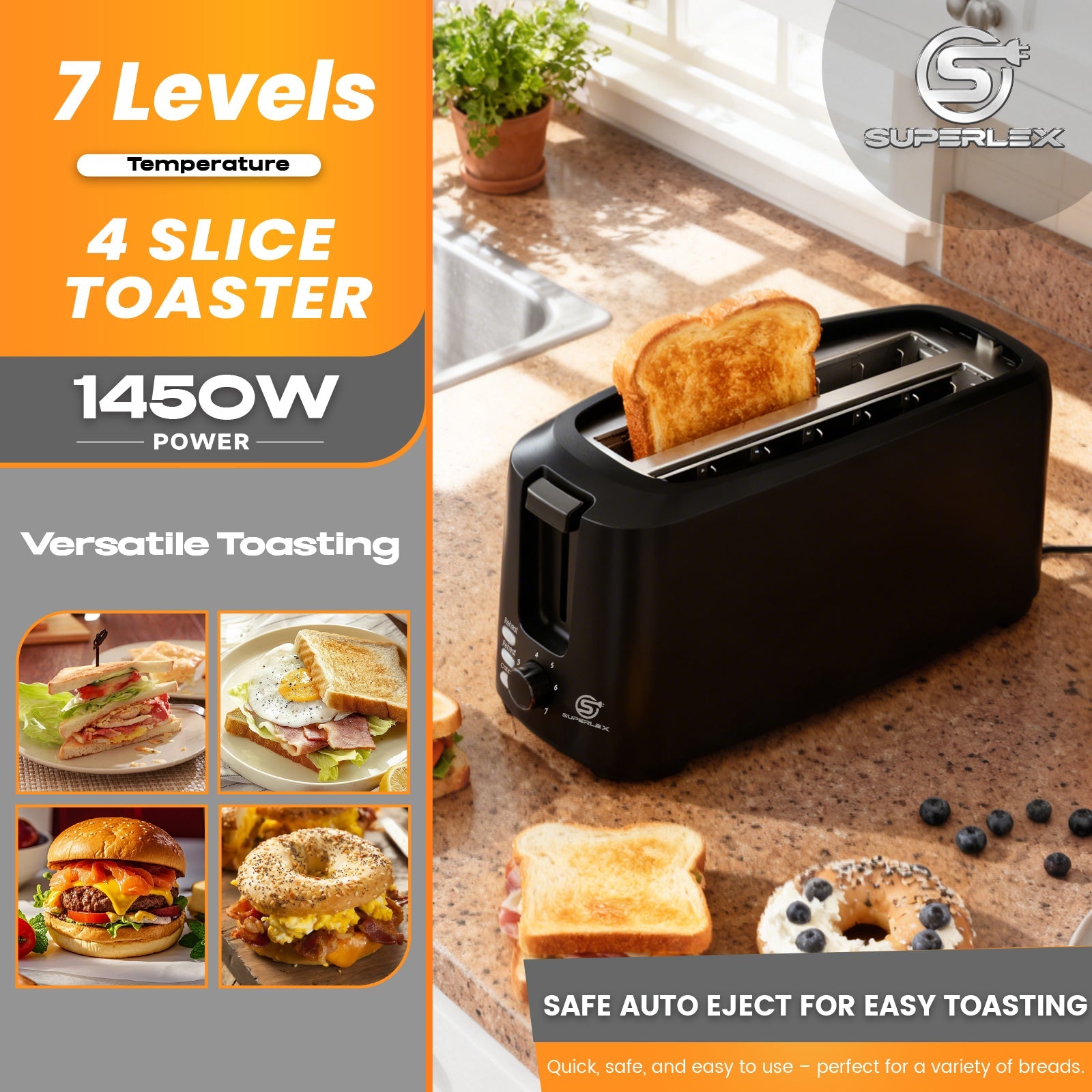 1450W Long Slot 4-Slice Toaster with Adjustable Browning & Auto Pop-Up