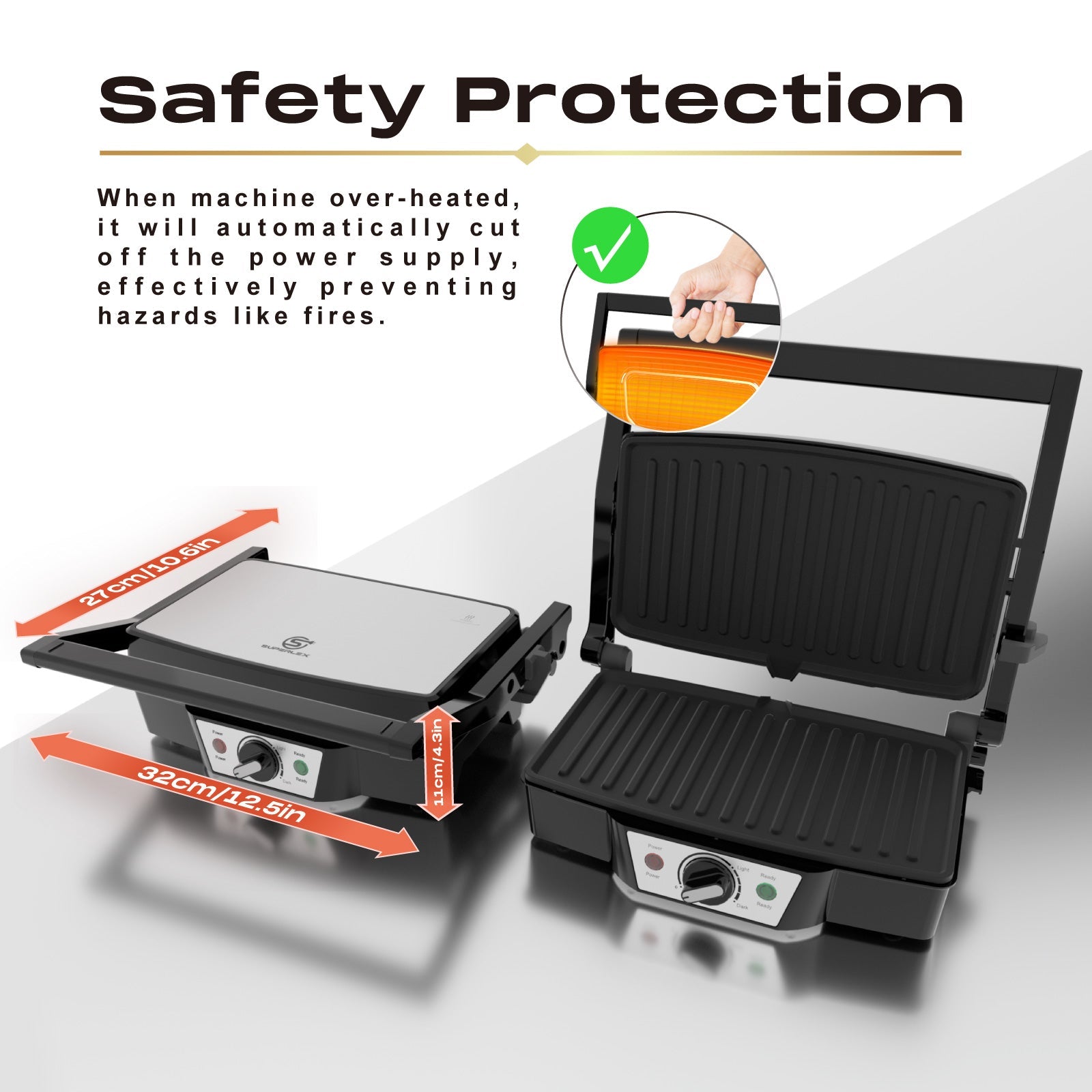 Stainless Steel Electric Medium Grill 1500-1800W with Even Heating Plate