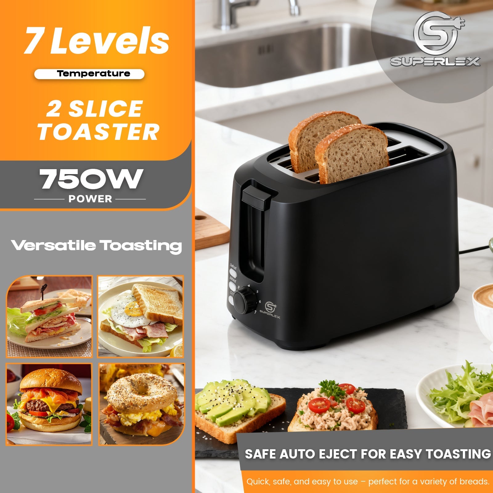 750W 2-Slice Toaster with Adjustable Browning & Auto Pop-Up