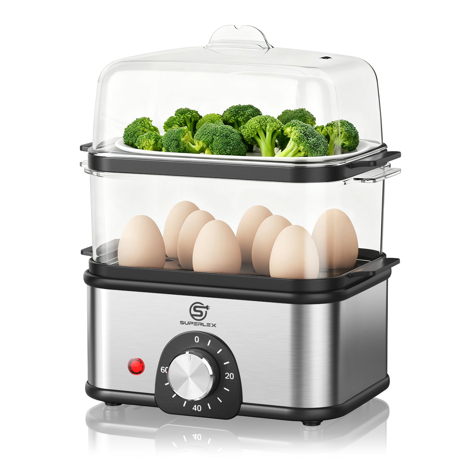 2-Layer Stainless Steel Egg Cooker for 16 Eggs with Adjustable Timer and Multifunctional Steamer