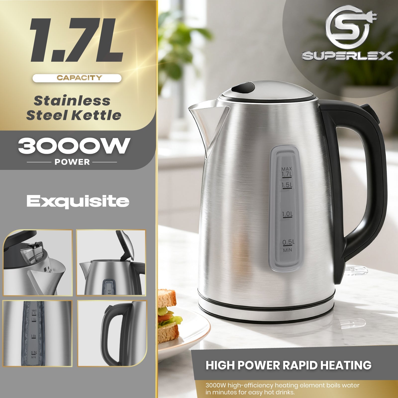 1.7L Electric Kettle with 1850-2200W Fast Boil & Strix Temperature Control