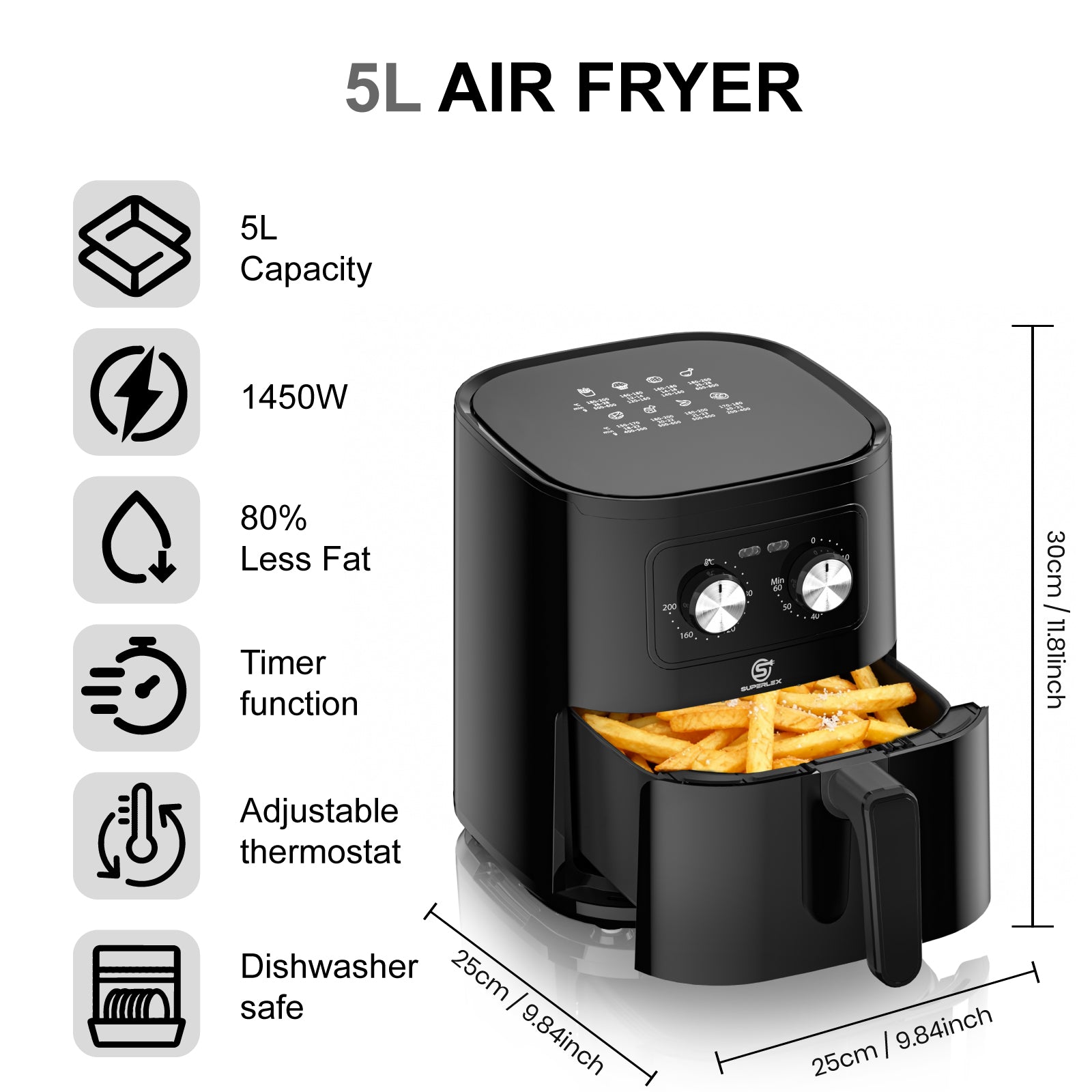 5L Manual Air Fryer with 360° Rapid Air Circulation for Healthy Cooking