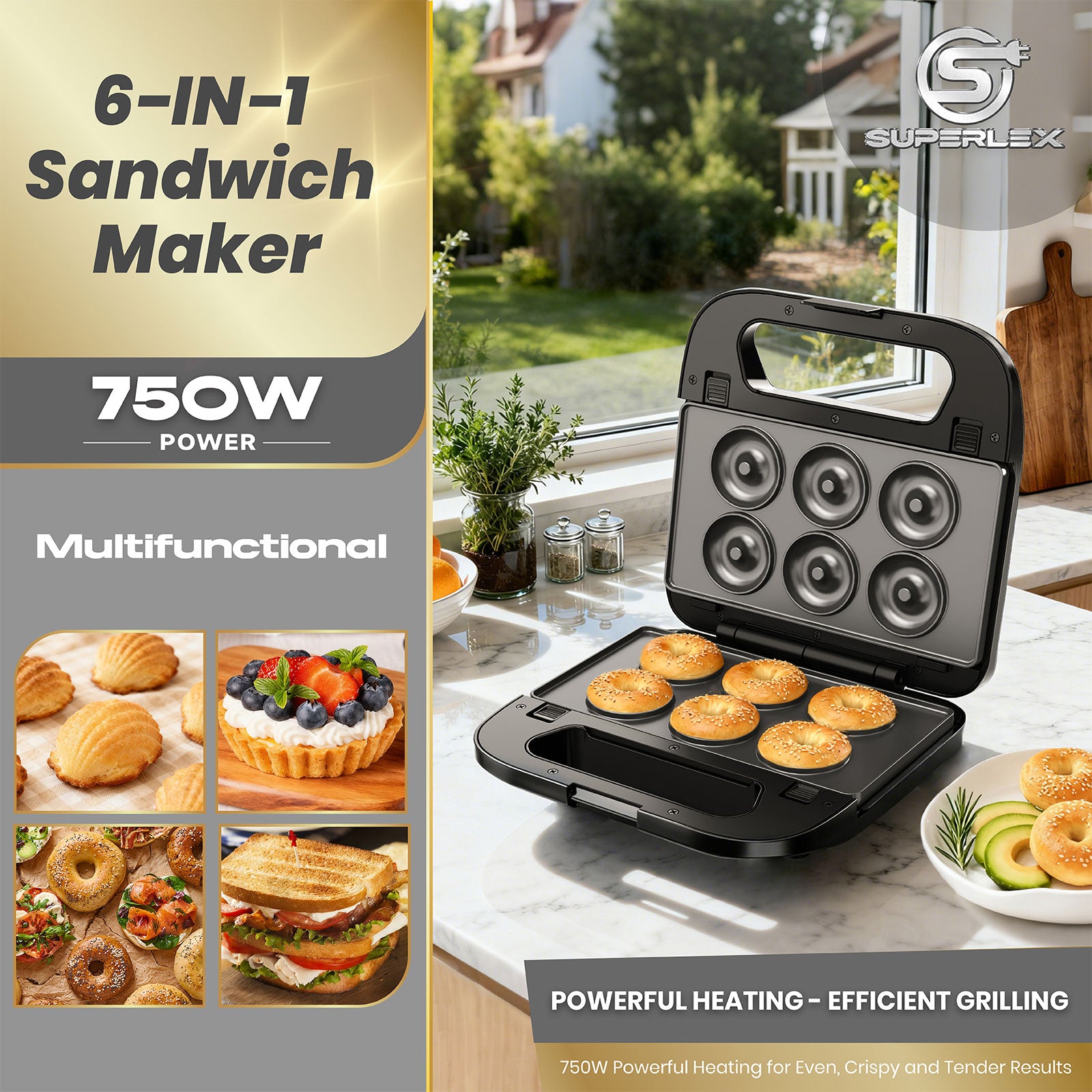 6-in-1 Sandwich Maker with Interchangeable Plates and Fast Heating