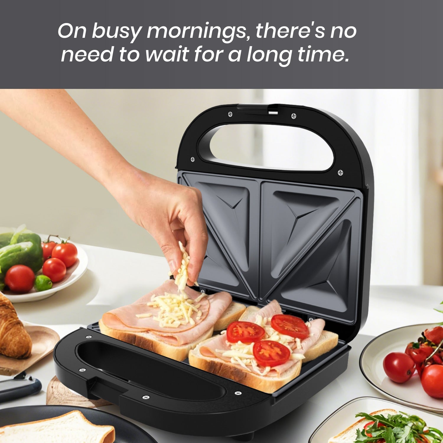Stainless Steel Sandwich Maker 750W with Dual-Slice Non-Stick Plates