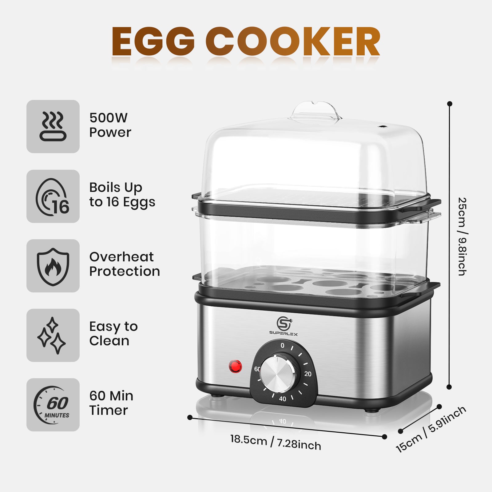 2-Layer Stainless Steel Egg Cooker for 16 Eggs with Adjustable Timer and Multifunctional Steamer