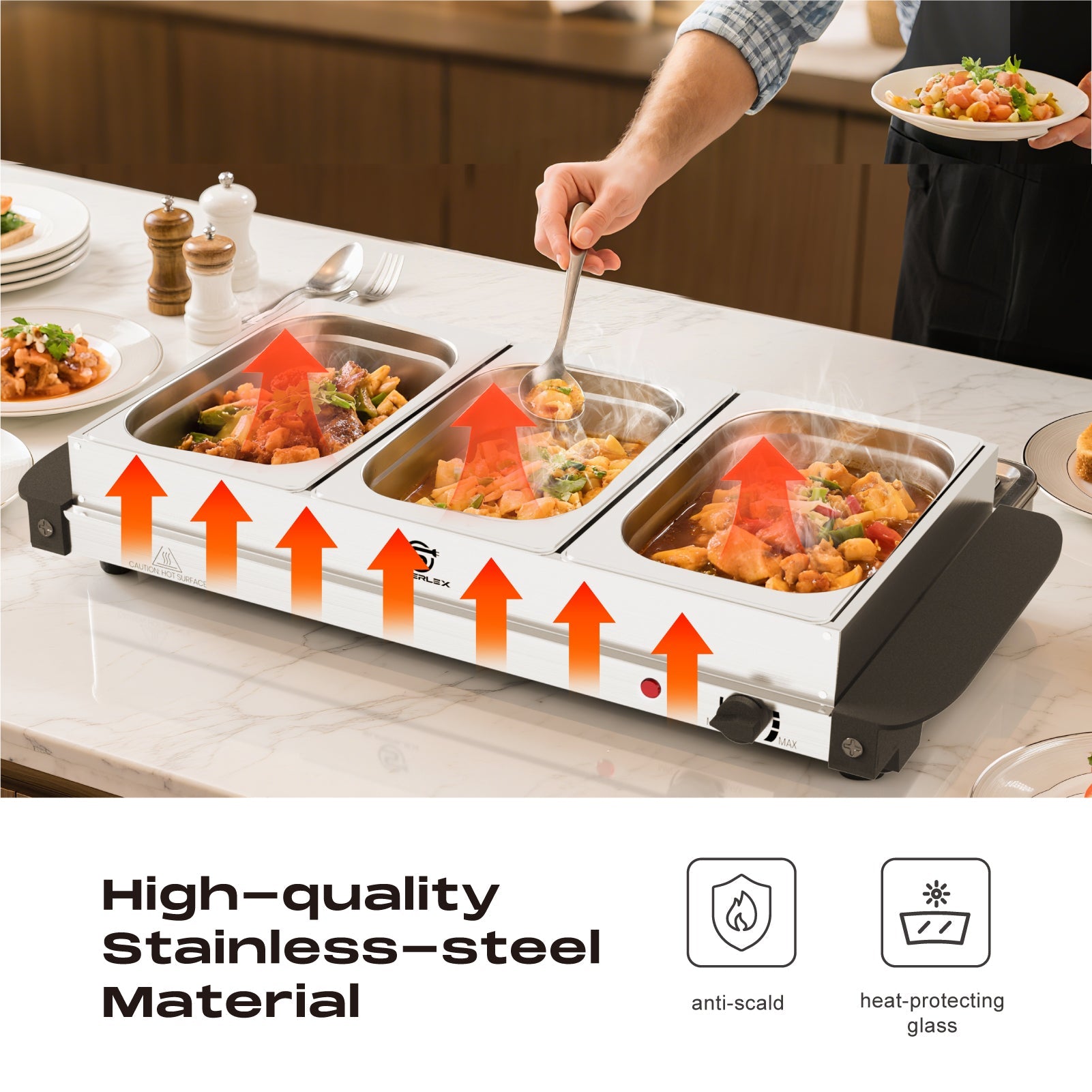 1.5L*3 Stainless Steel Buffet Server with Adjustable Heating & Durable Warming Trays