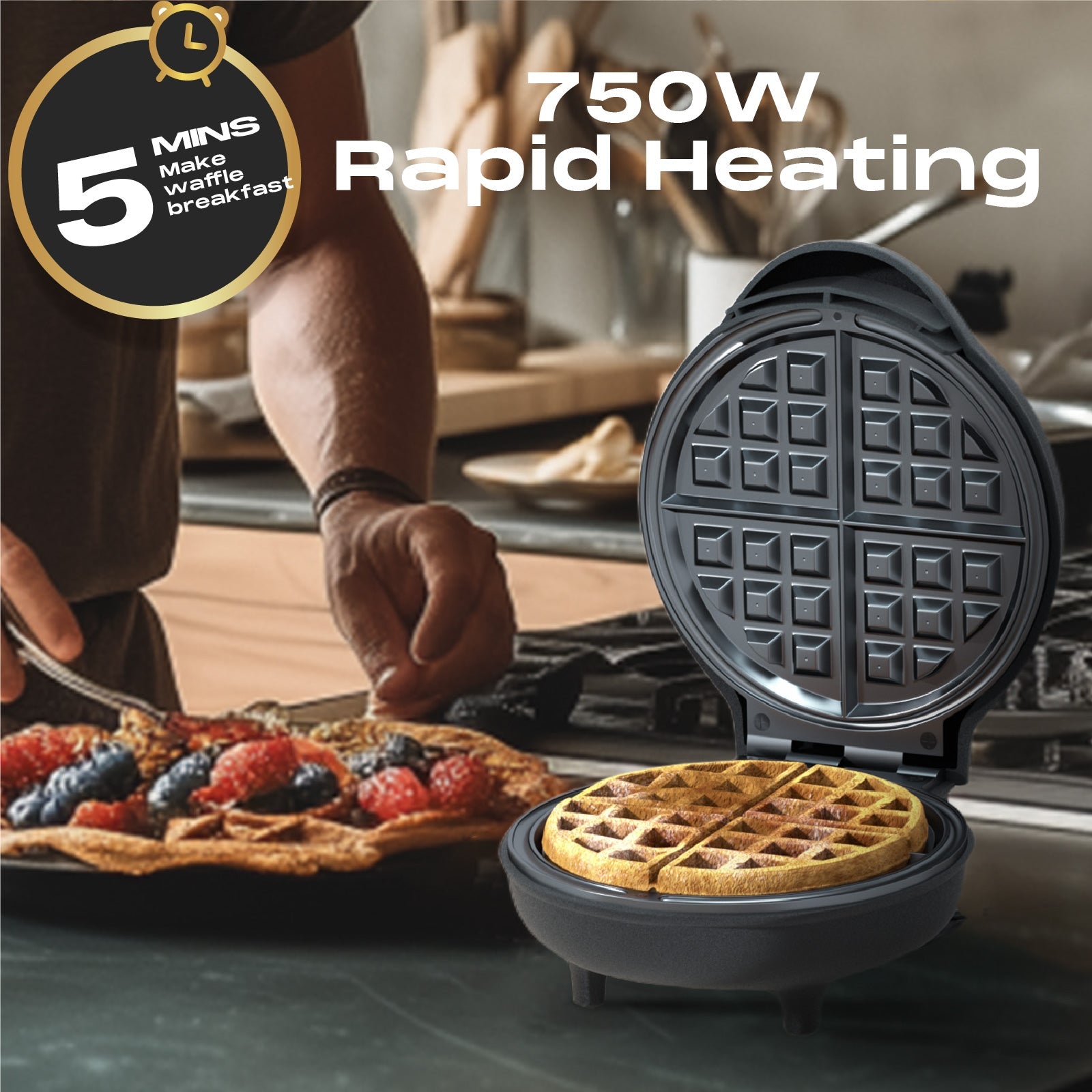750W Belgium Waffle Maker – 4-Waffle Capacity with Auto Temperature Control