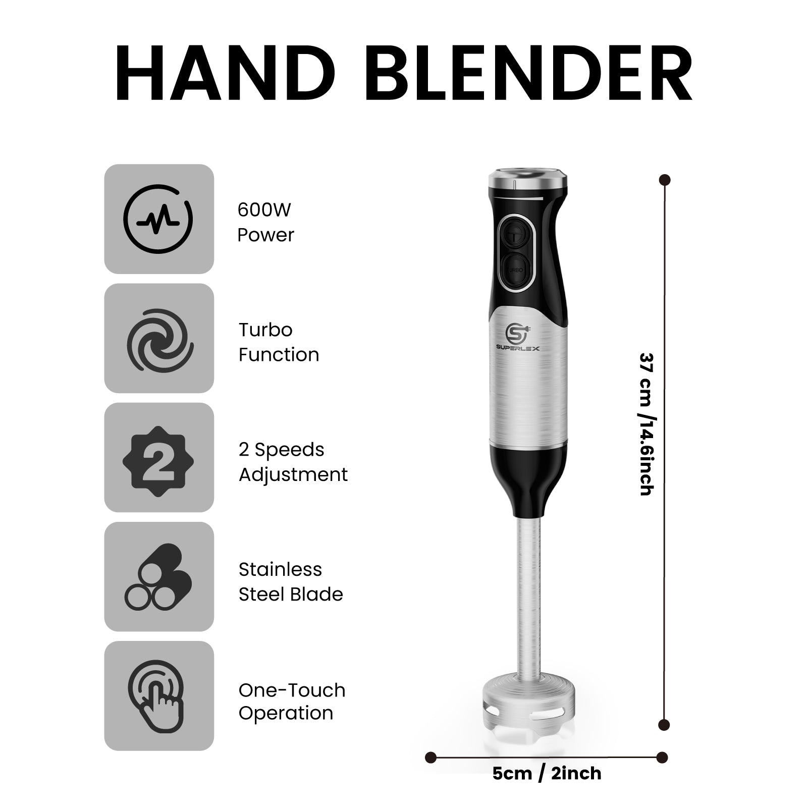 600W Stick Blender with Stainless Steel Blade & Adjustable Speeds