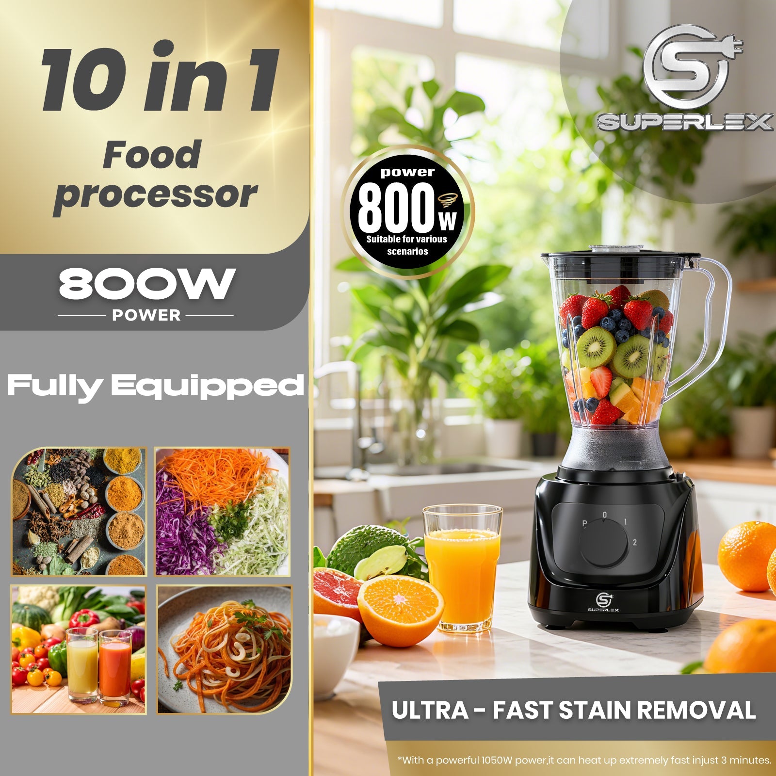 800W Compact Food Processor with Multi-Function Slicing & Blending