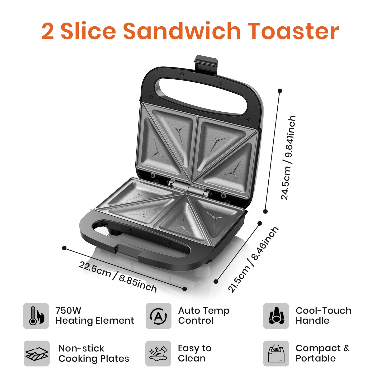 750W 2-Slice Sandwich Maker with Non-Stick Plates & Auto Temperature Control