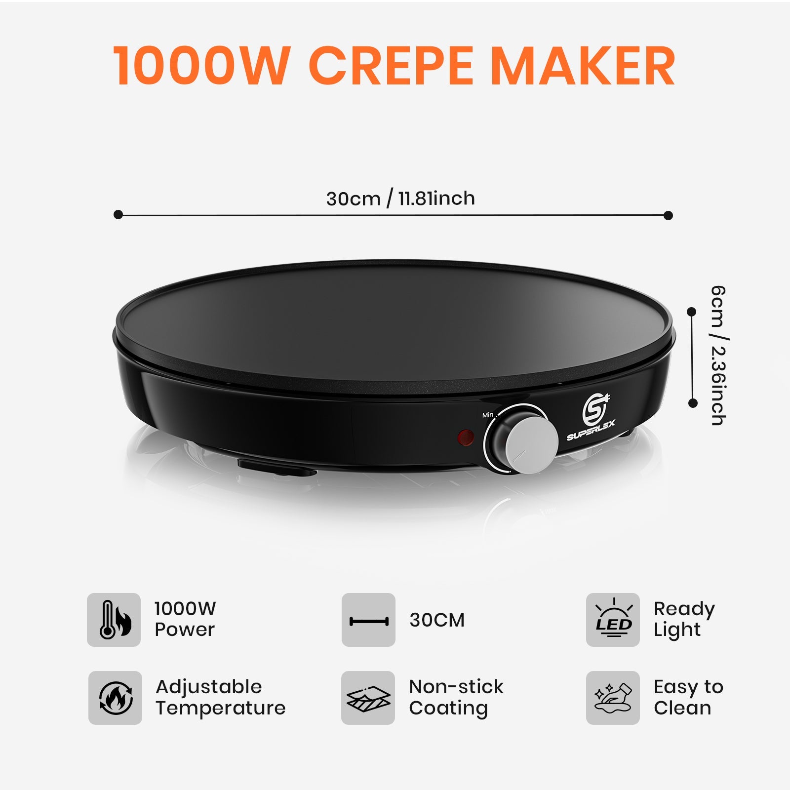 1000W Crepe Maker with Non-Stick Plates & Adjustable Temperature Control