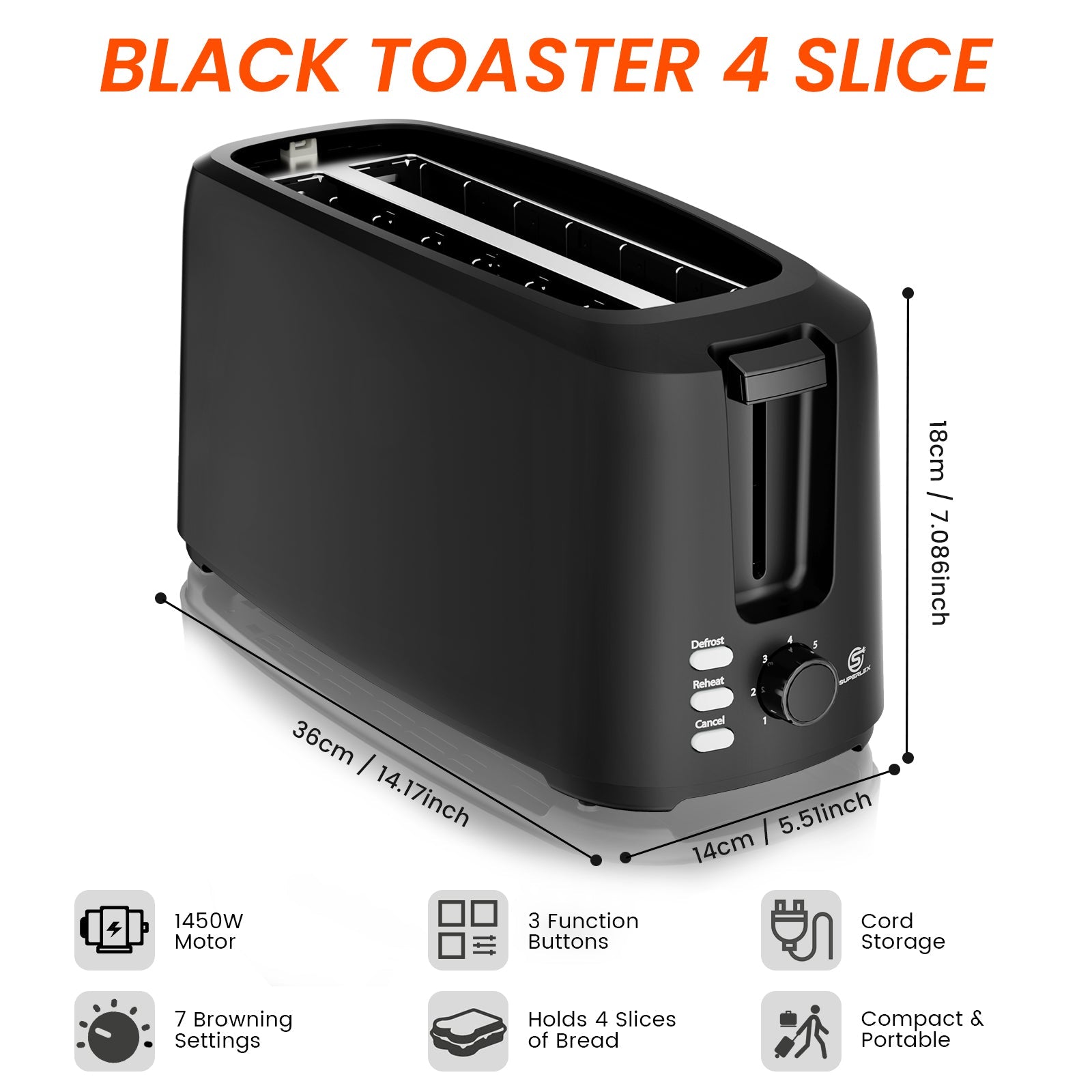 1450W Long Slot 4-Slice Toaster with Adjustable Browning & Auto Pop-Up