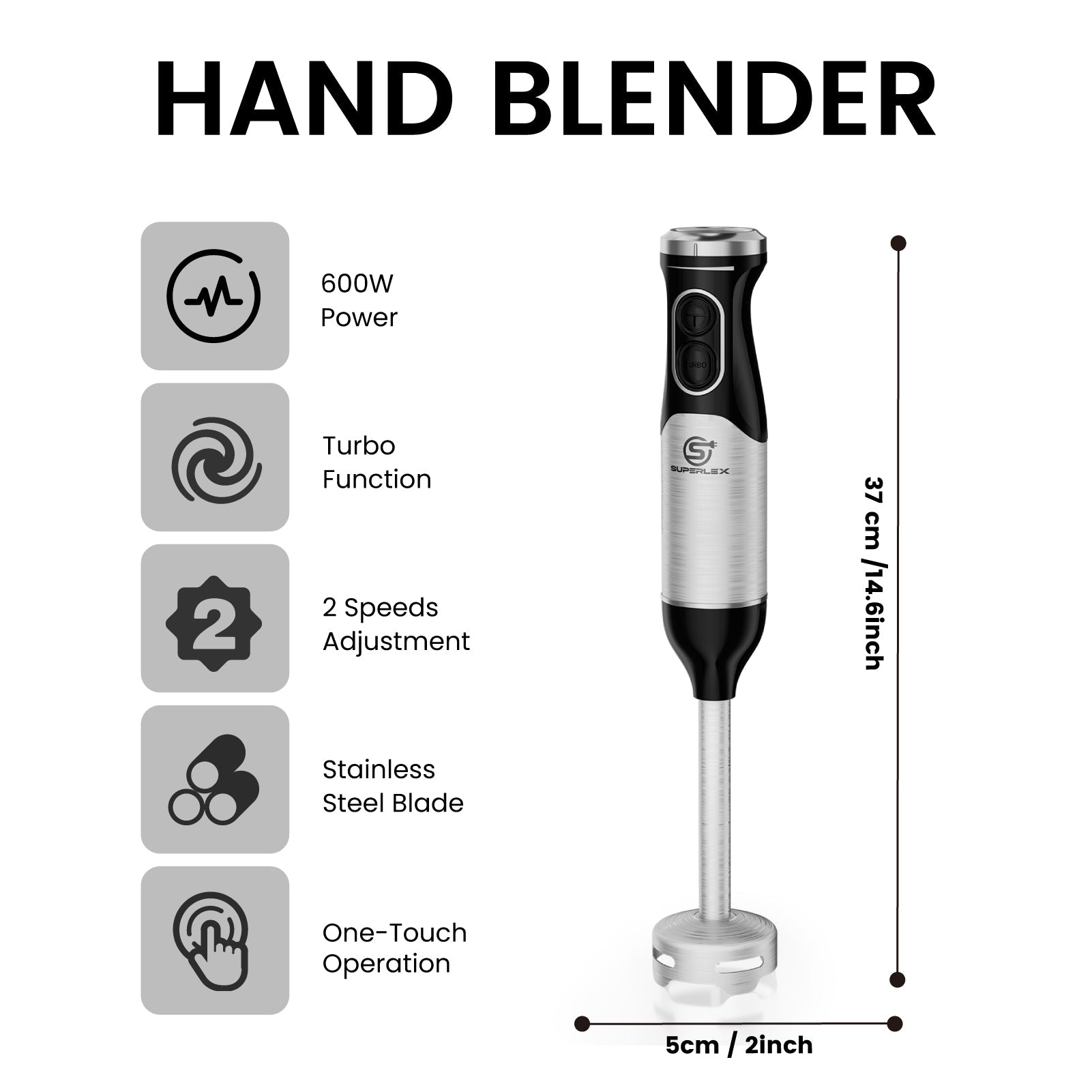 3-in-1 Hand Blender with 350W Motor & 304 Stainless Steel Blades