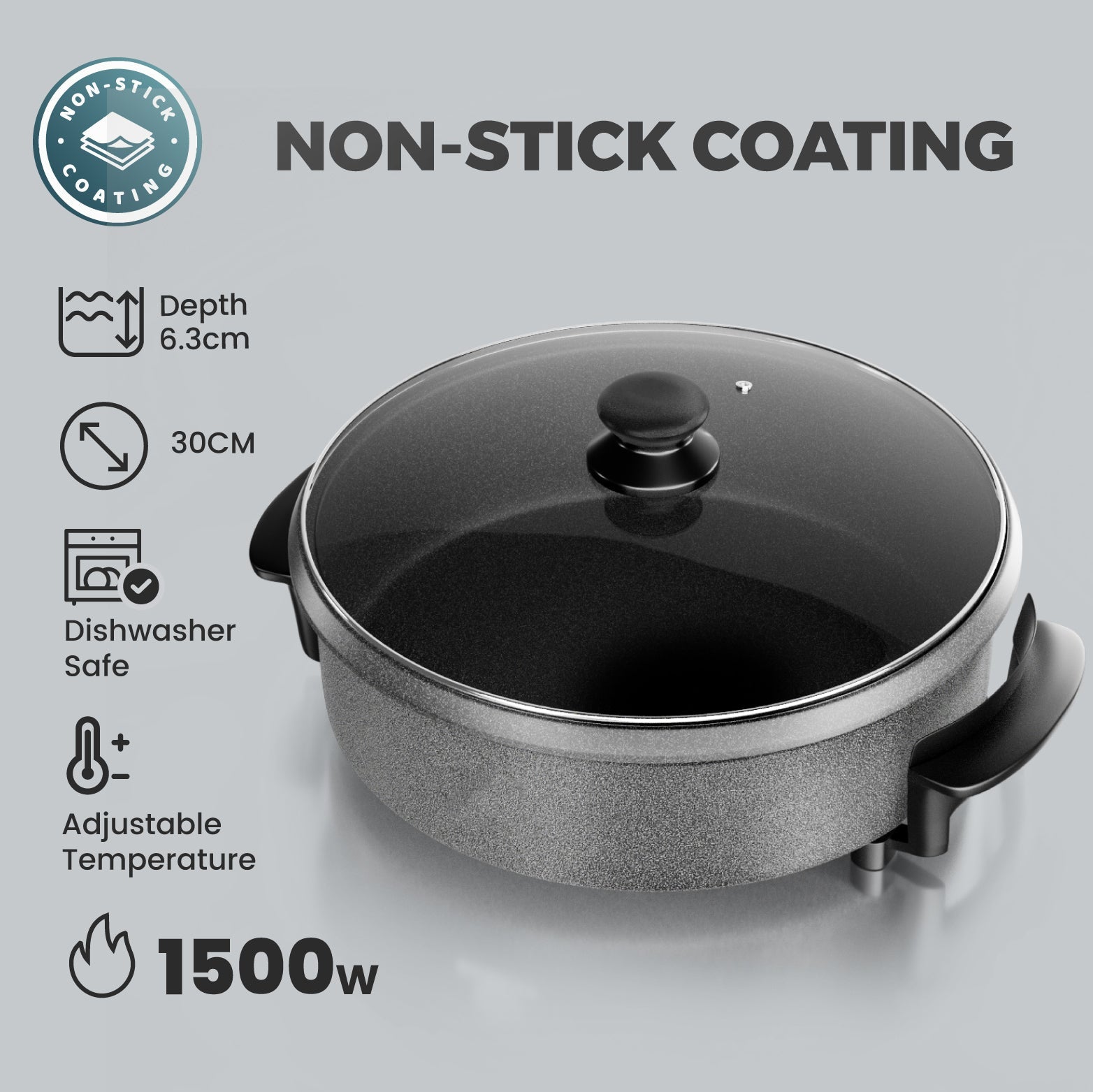 30*7cm Multi Meal Maker with 1500W Power & Adjustable Temperature Control