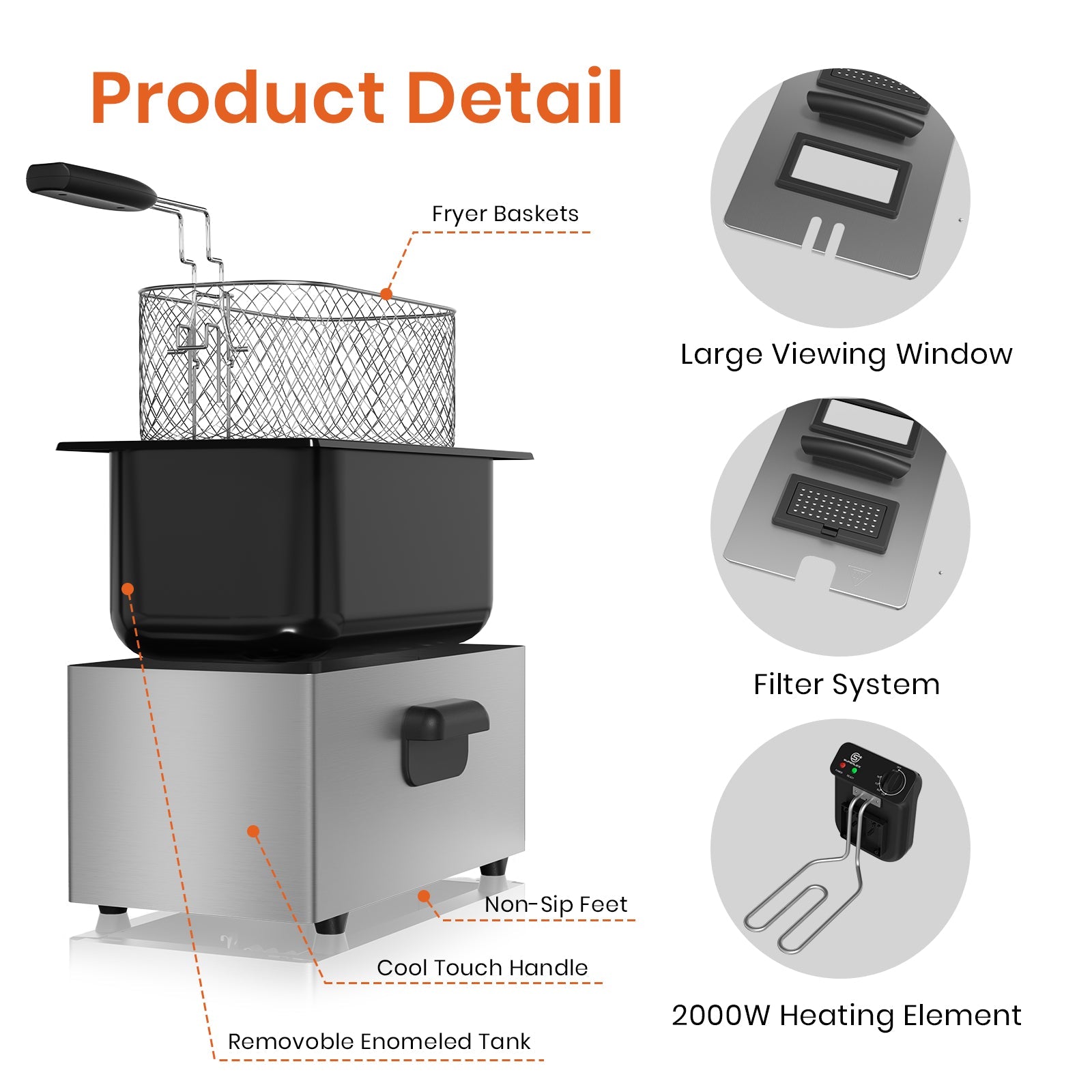 3L Stainless Steel Deep Fat Fryer 2000W with Adjustable Temperature & Safety Basket