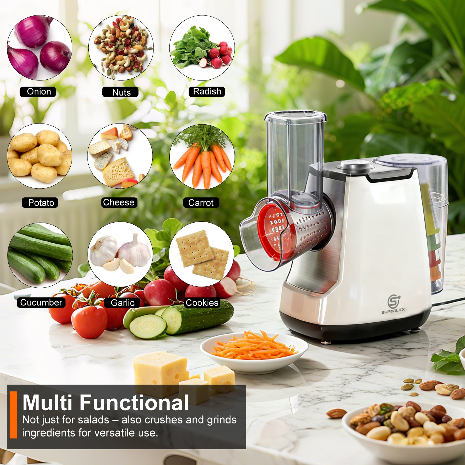 5-in-1 Electric Vegetable Slicer with 5 Interchangeable Blades for Fruits, Vegetables and Cheese