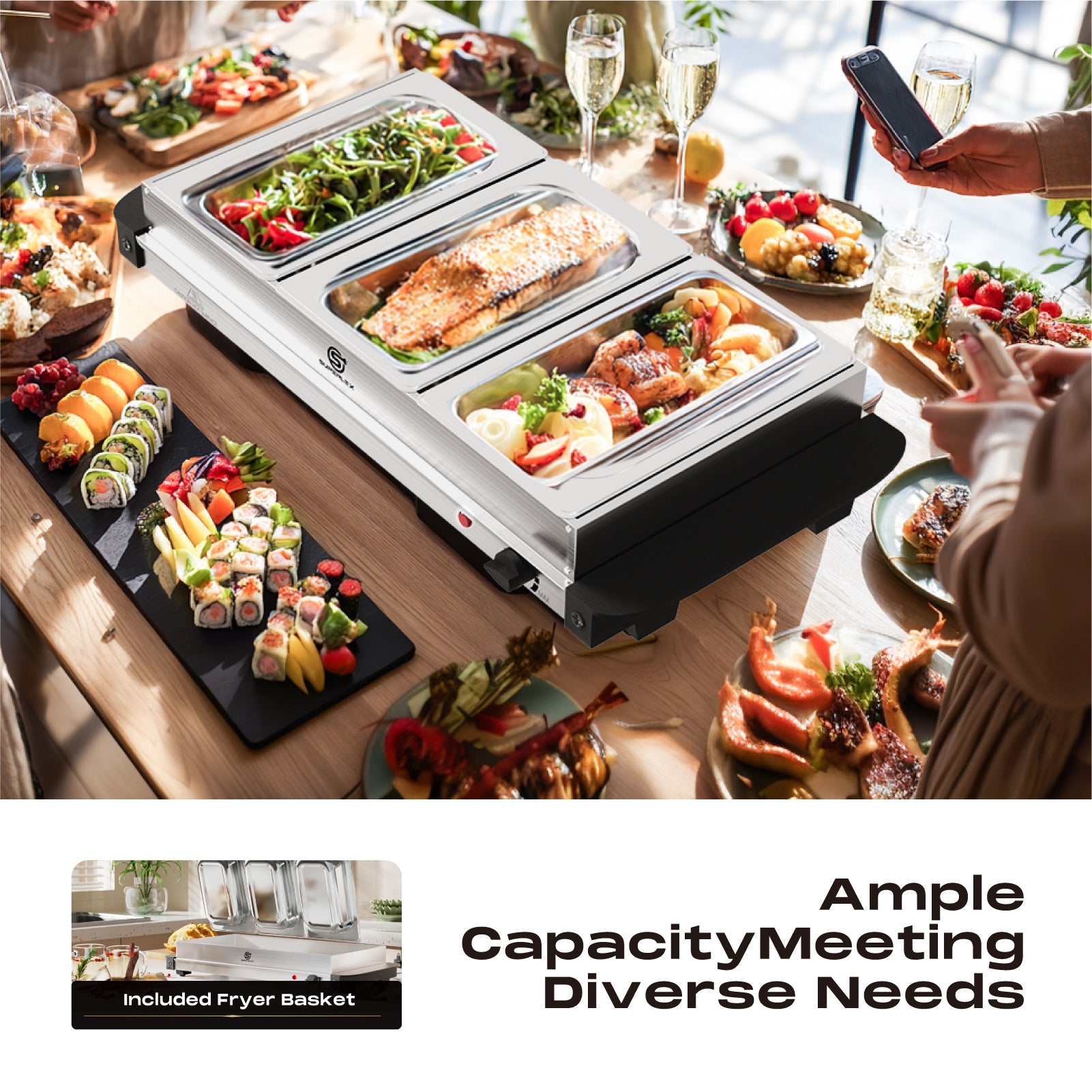 1.5L*3 Stainless Steel Buffet Server with Adjustable Heating & Durable Warming Trays