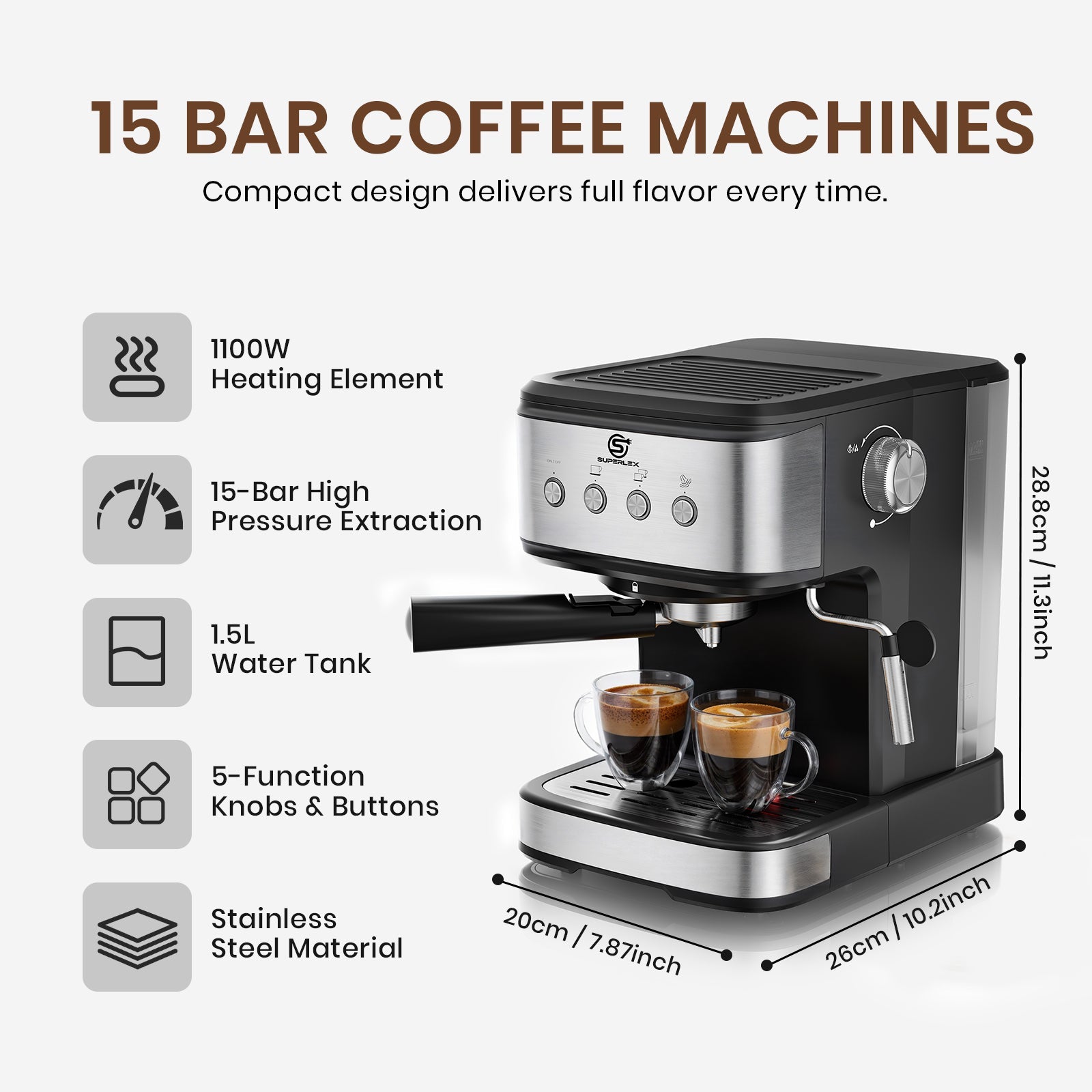 15 Bar Espresso Coffee Maker 1.5L with High-Pressure Frother & Dual Filters