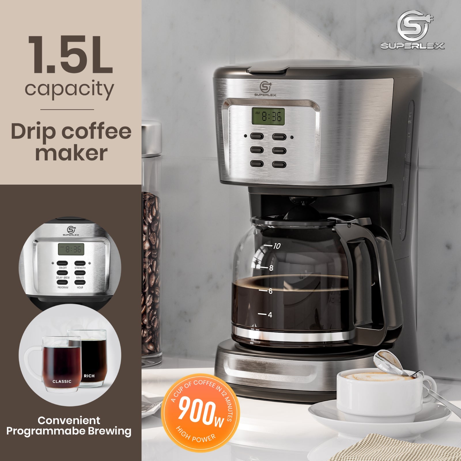 1.5L Drip Coffee Maker 900W with Programmable Timer & LCD Display