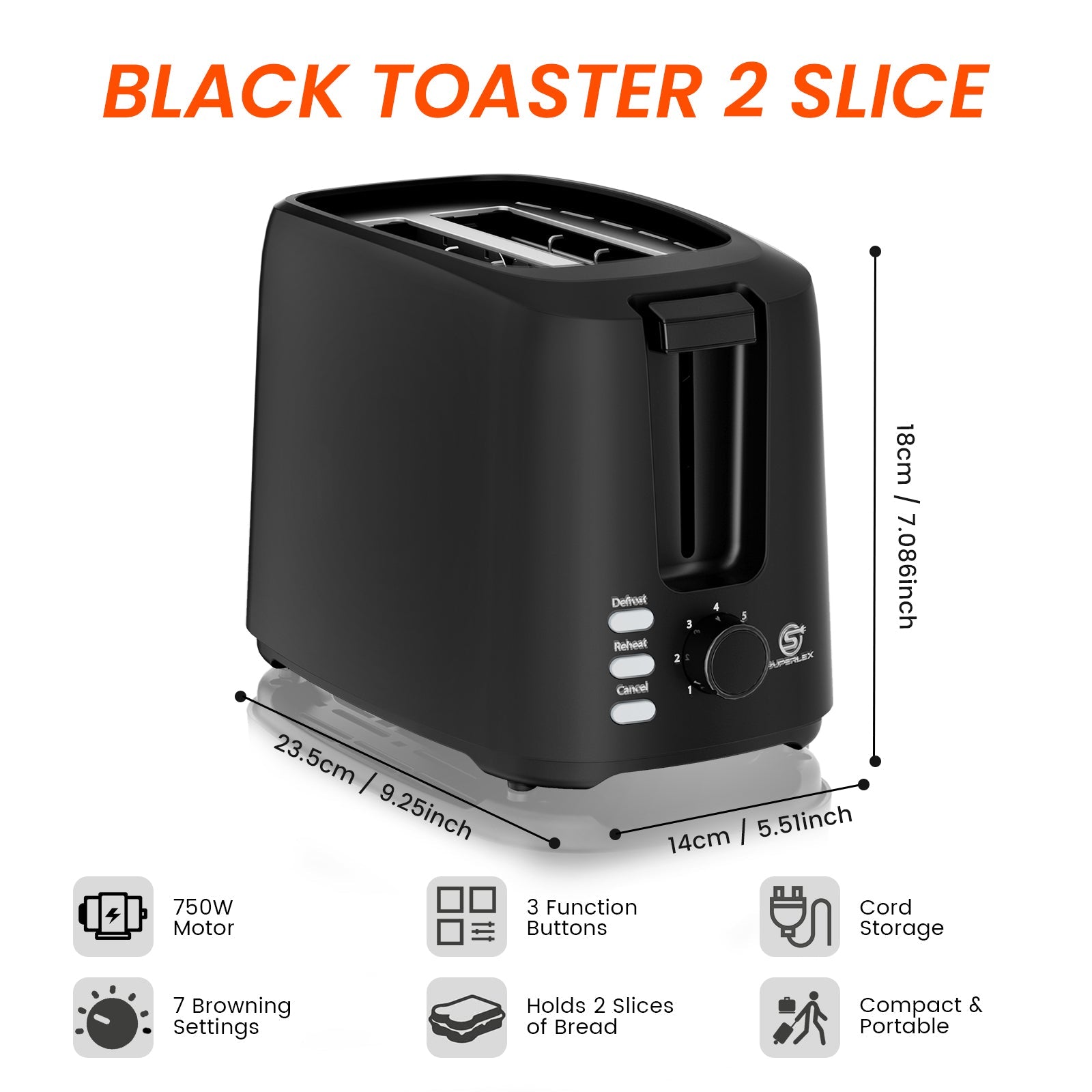 750W 2-Slice Toaster with Adjustable Browning & Auto Pop-Up