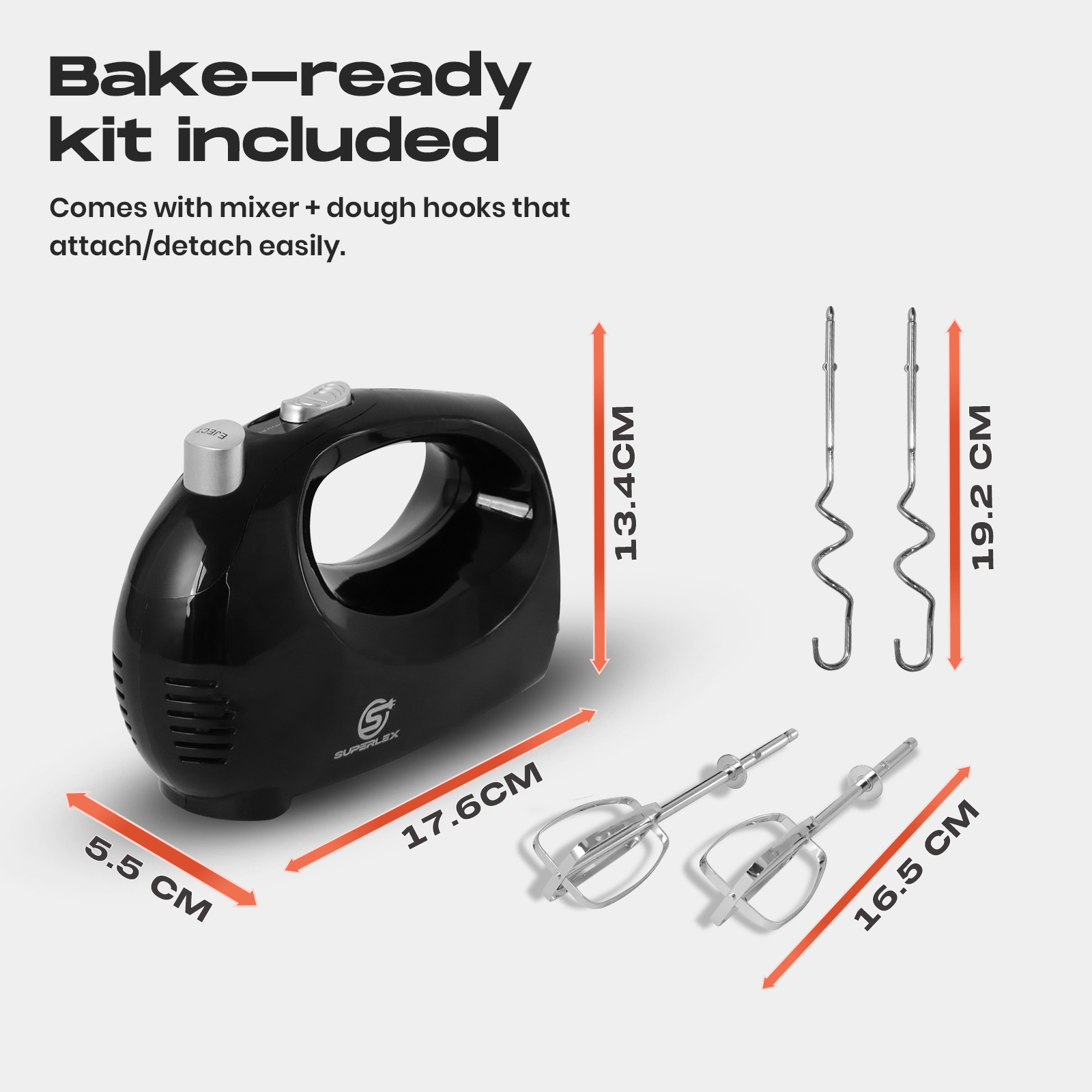 250W Hand Mixer with 5 Speeds, Whisk & Dough Hook Attachments