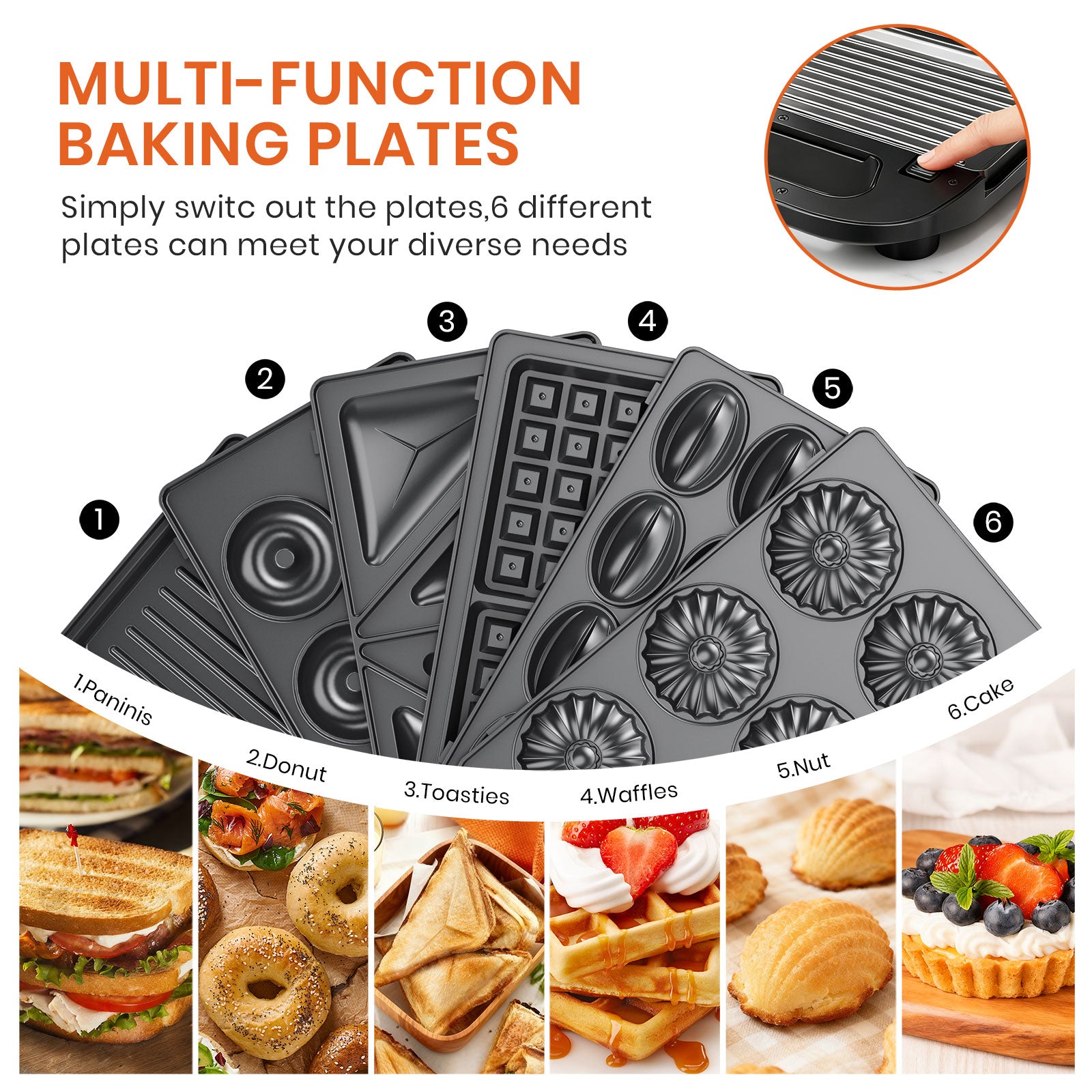 6-in-1 Sandwich Maker with Interchangeable Plates and Fast Heating
