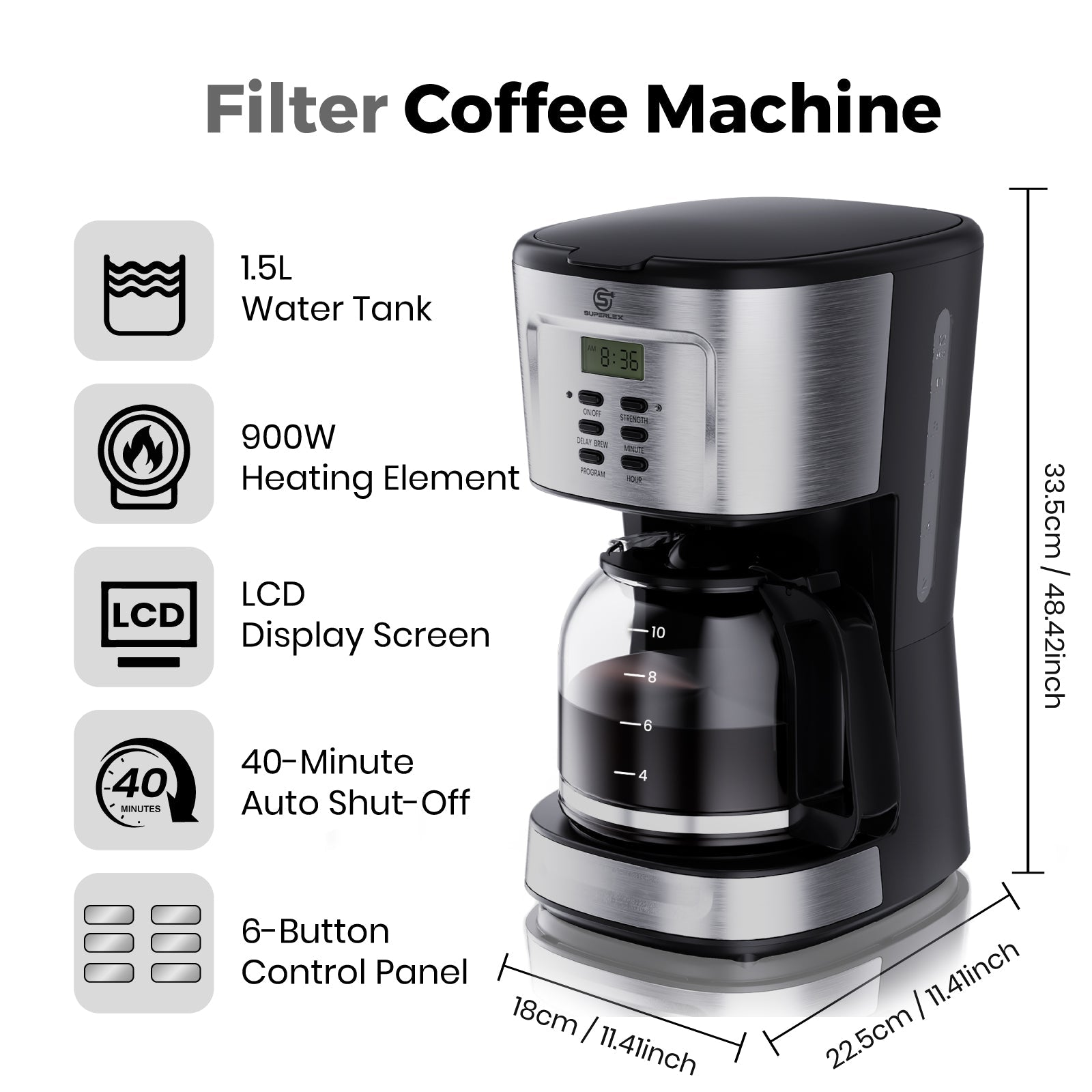 1.5L Drip Coffee Maker 900W with Programmable Timer & LCD Display