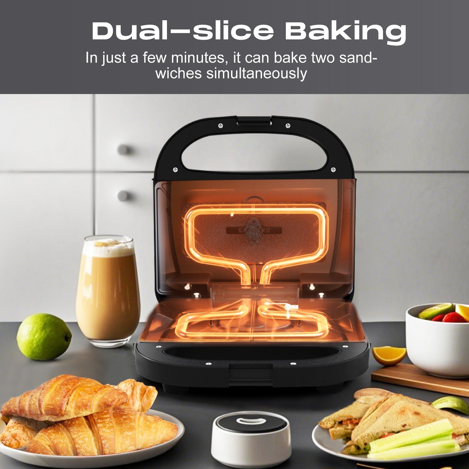 Stainless Steel Sandwich Maker 750W with Dual-Slice Non-Stick Plates