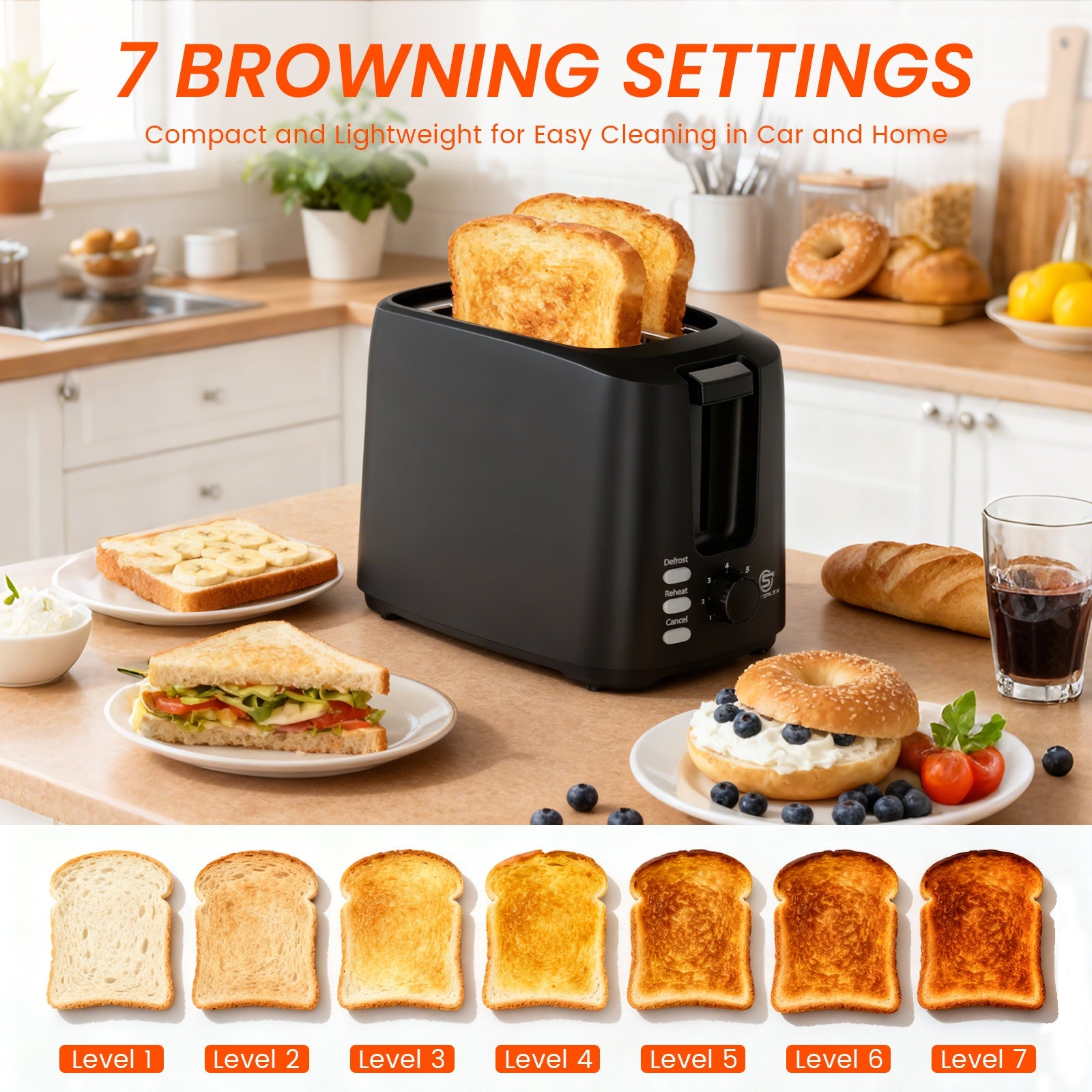 750W 2-Slice Toaster with Adjustable Browning & Auto Pop-Up