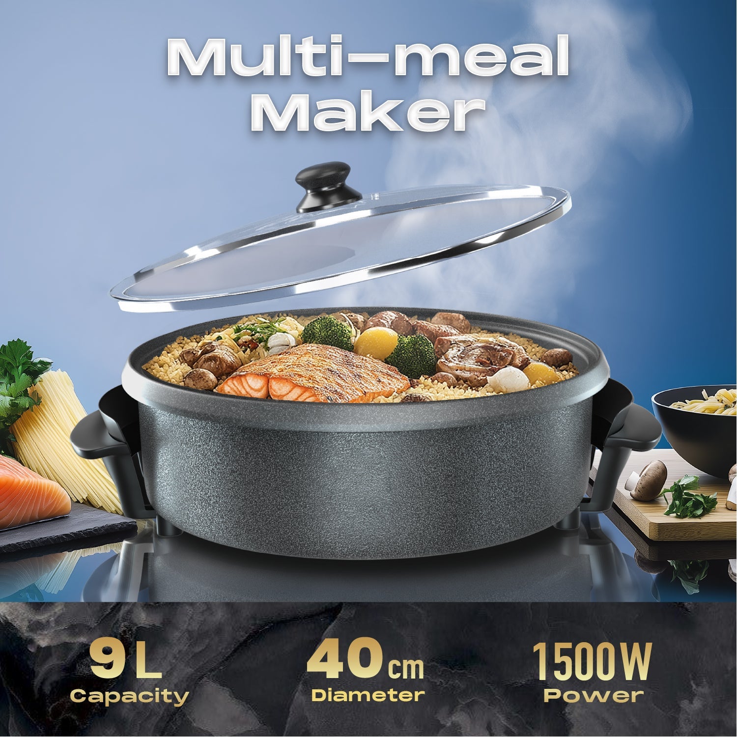 40*7cm Multi Meal Maker with 1500W Power & Adjustable Thermostat